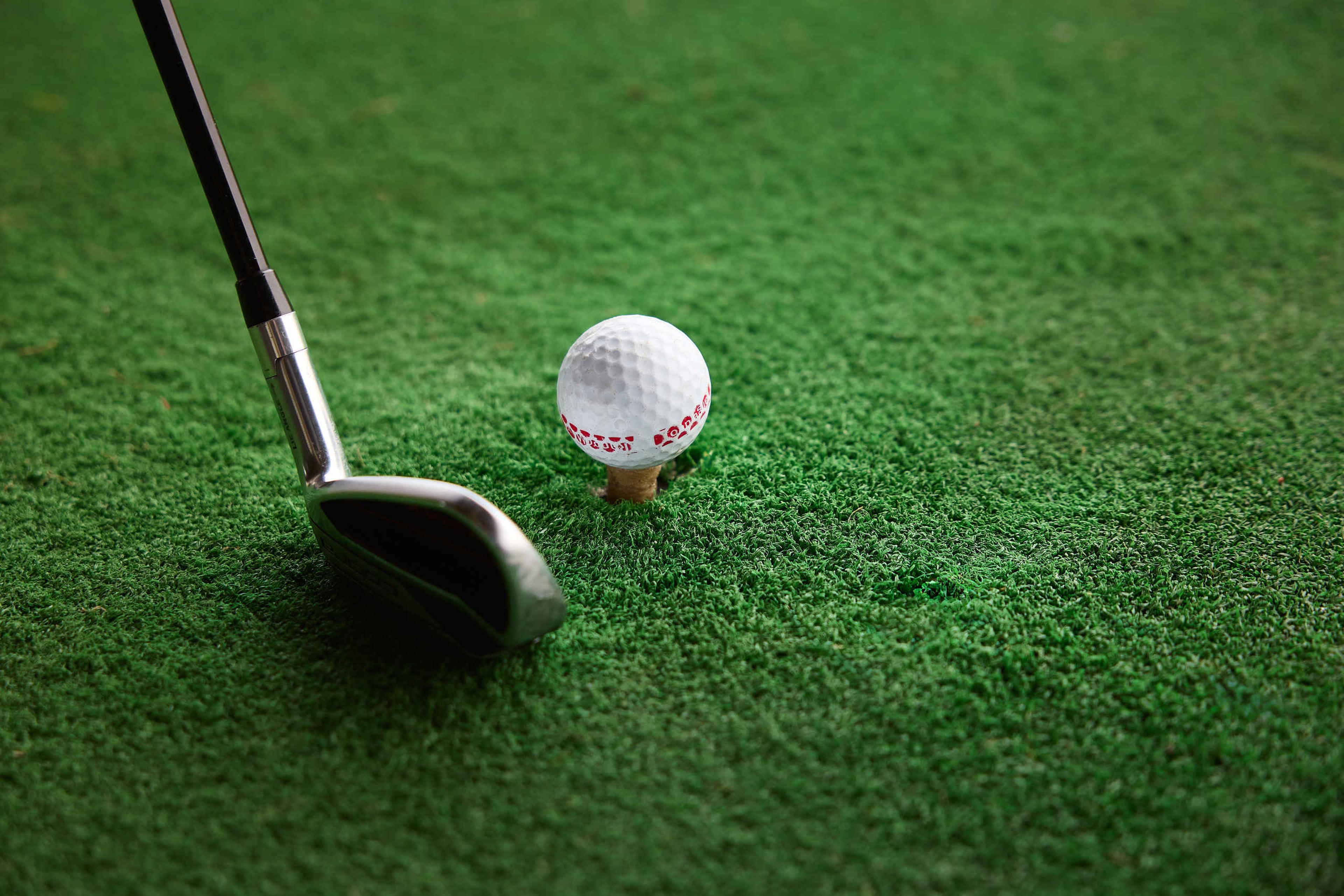 Golfclub en bal op de Driving Range van Golf de Gulbergen