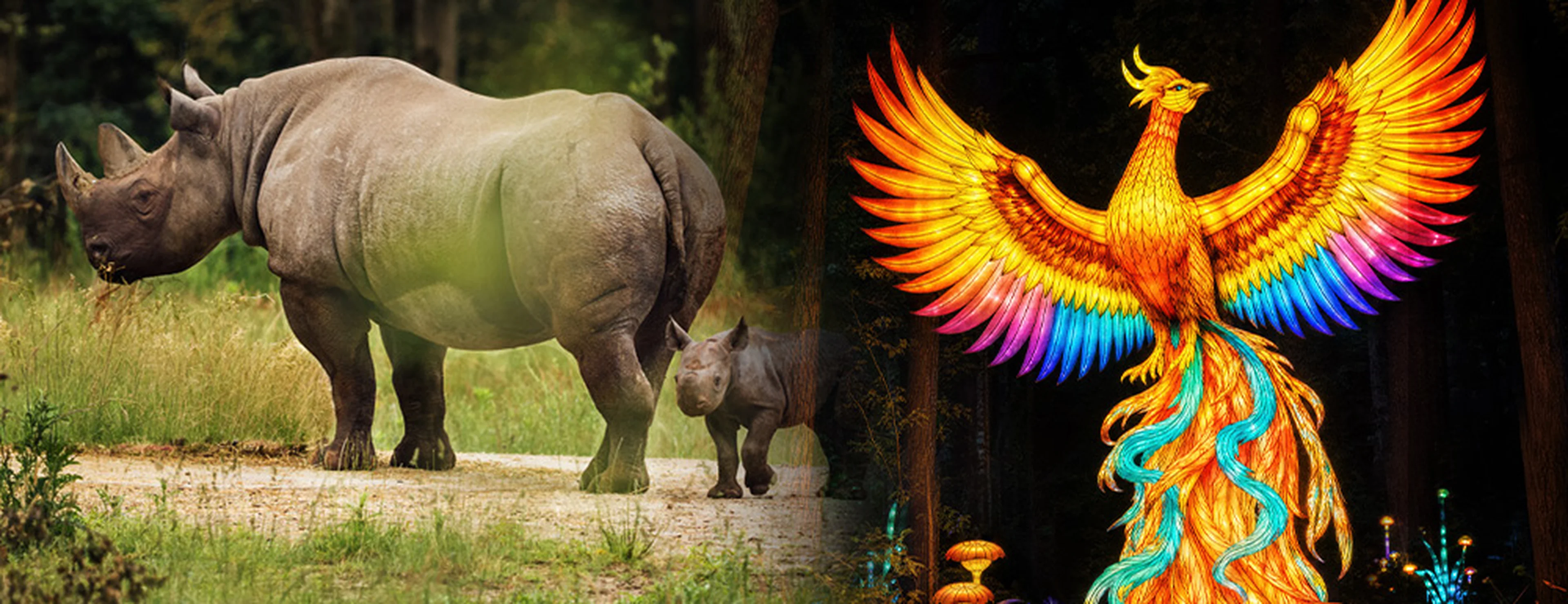 Puntlipneushoorn en feniks Combitickets voor safaripark en Light Safari