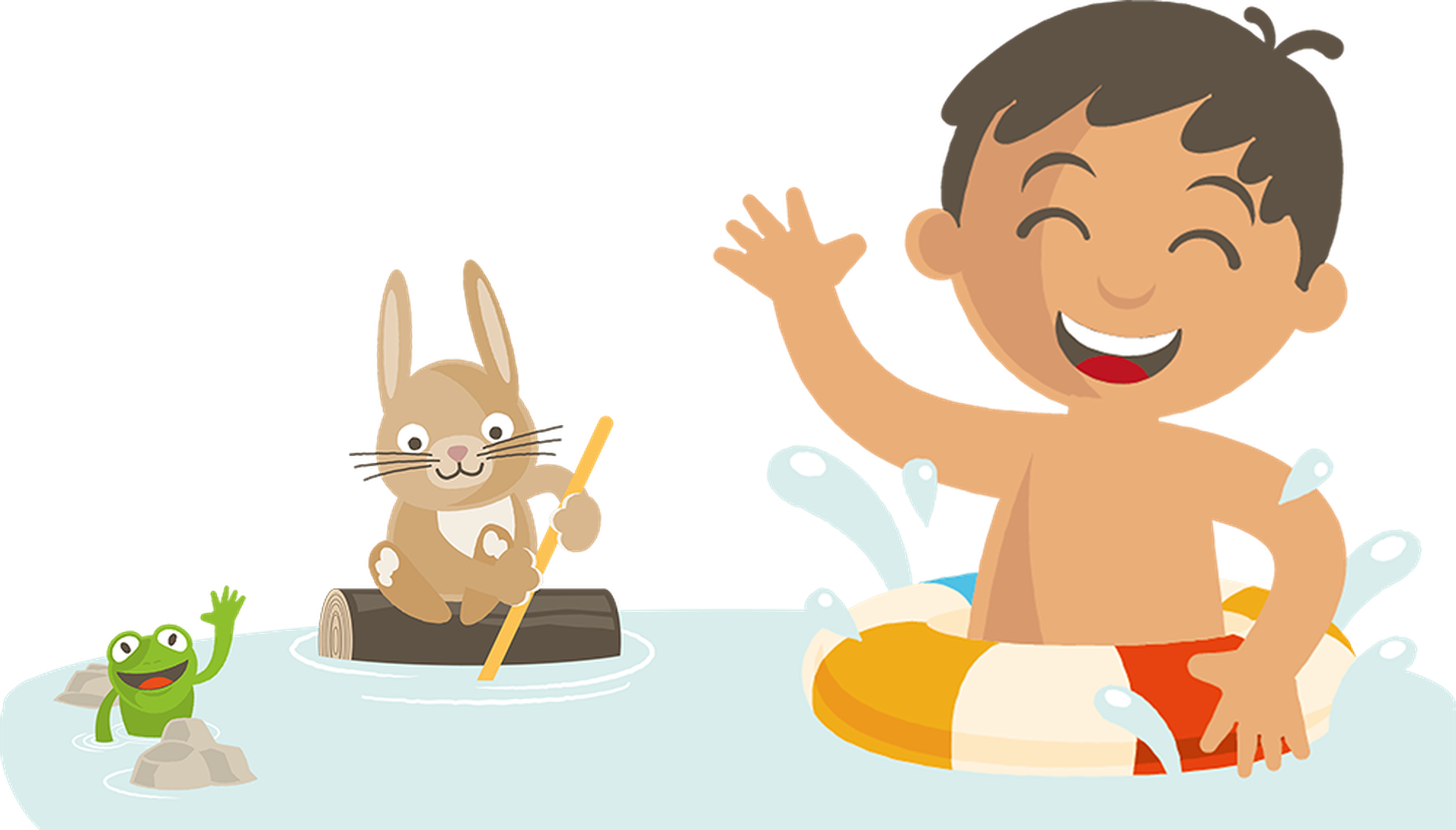 Een jongen zwemt met een kikker en een konijn in het zwembad bij Vakantiepark Dierenbos.