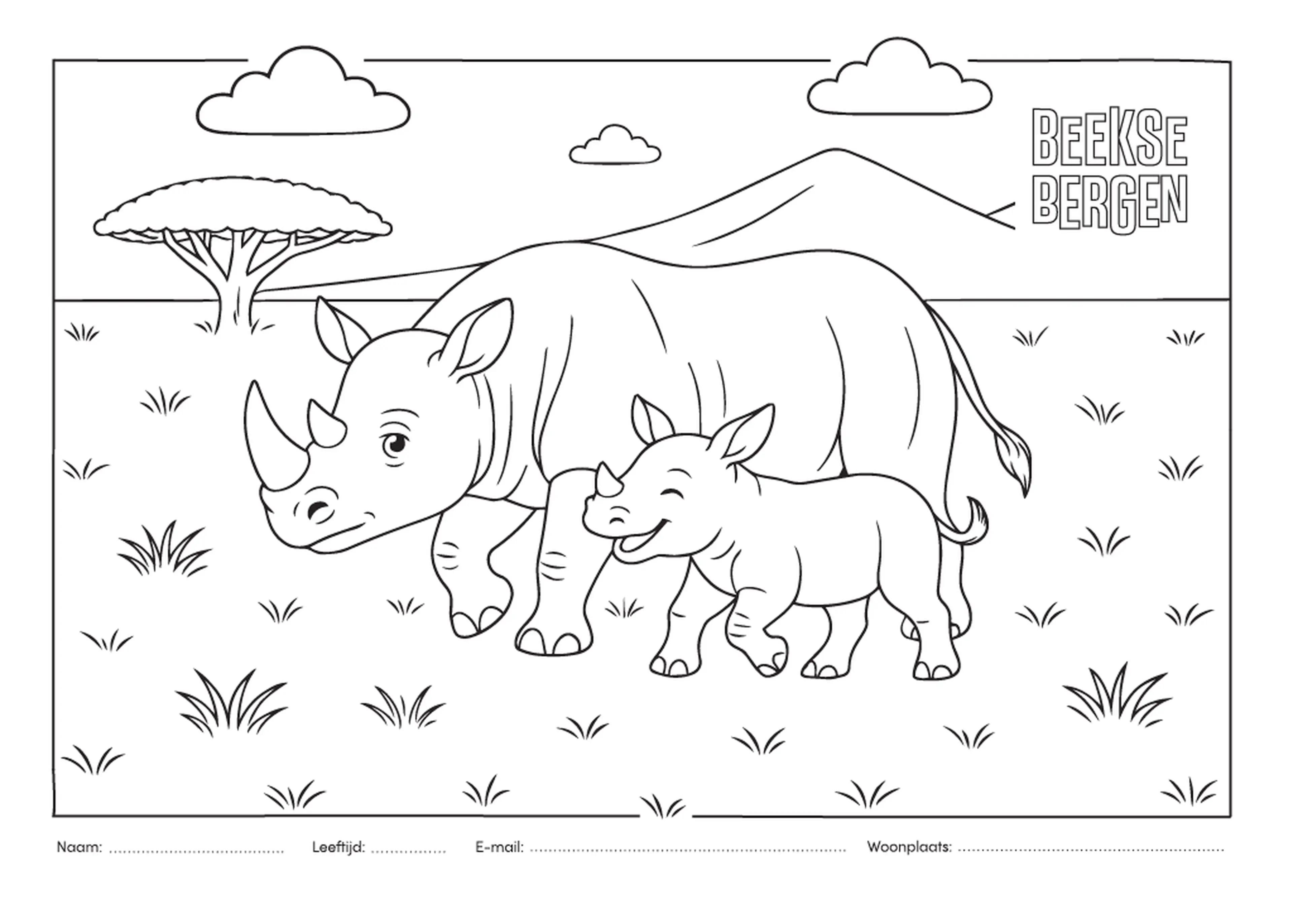 Een kleurplaat van een neushoorn met haar jong op de savanne bij Safaripark Beekse Bergen.
