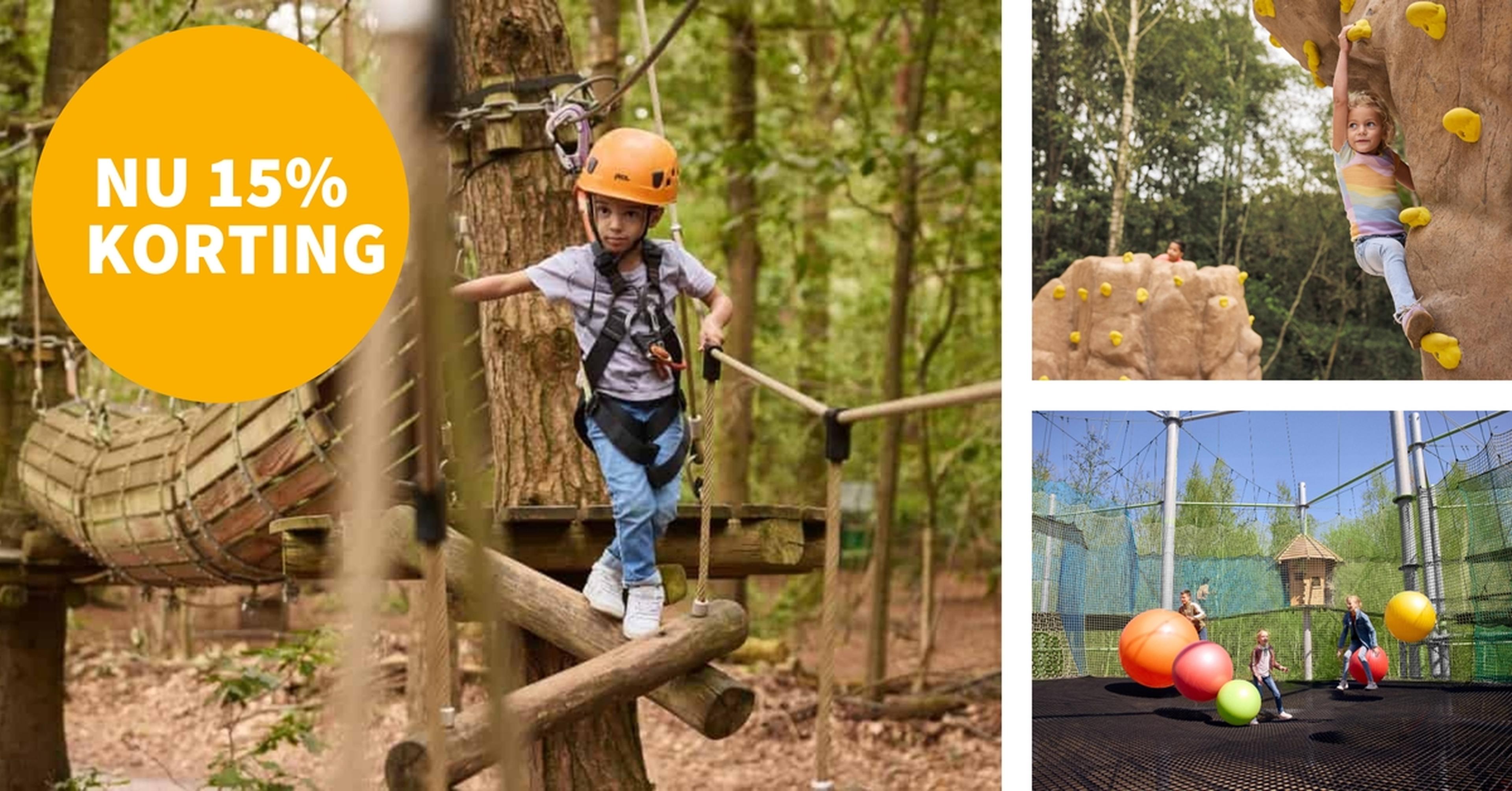 Een afbeelding van de jubileumactie van Klimrijk, waarbij bezoekers 15% korting krijgen op klimactiviteiten