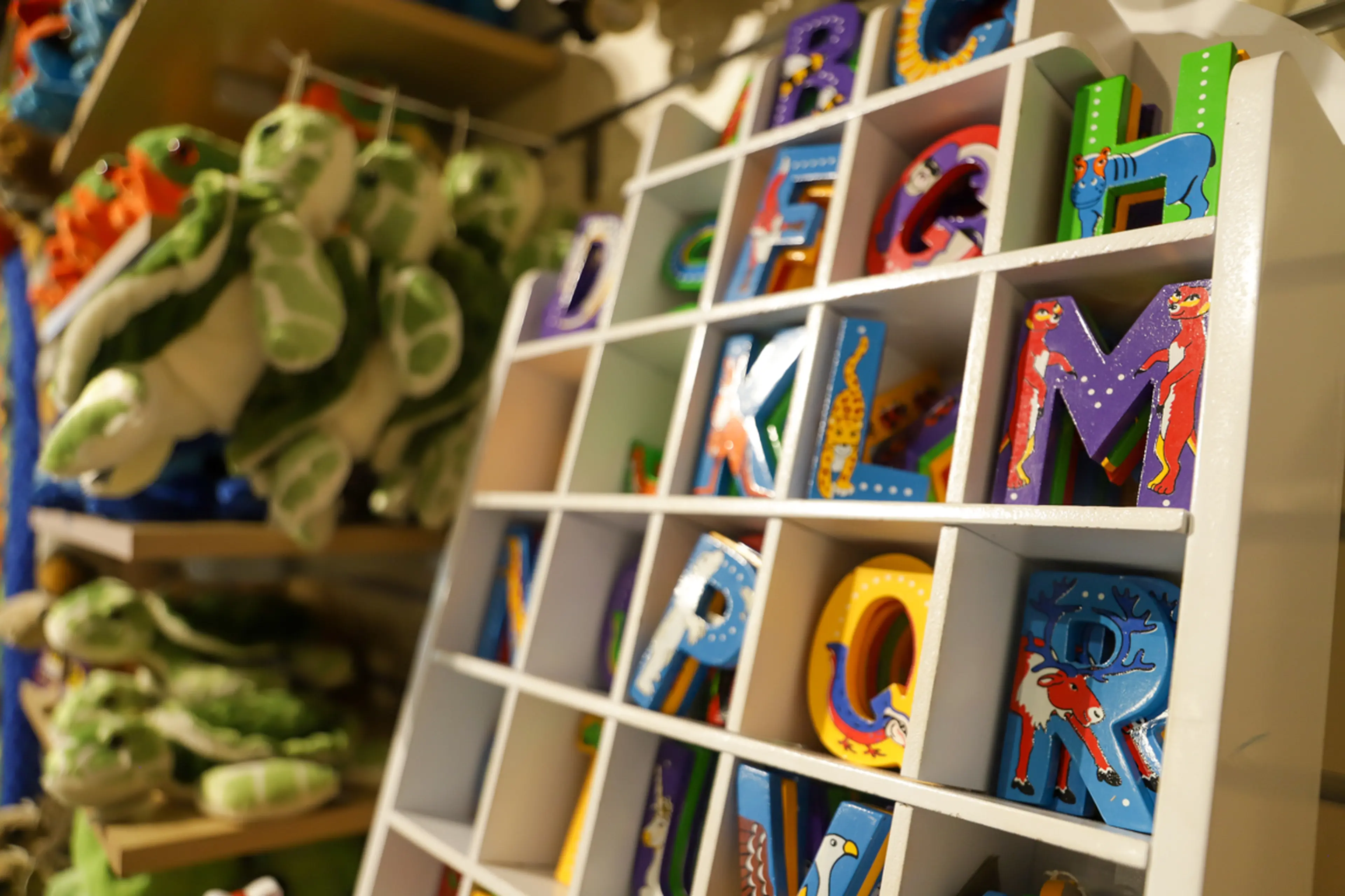 Colorful alphabet letters in a display rack surrounded by plush toy turtles and other soft toys in a store.