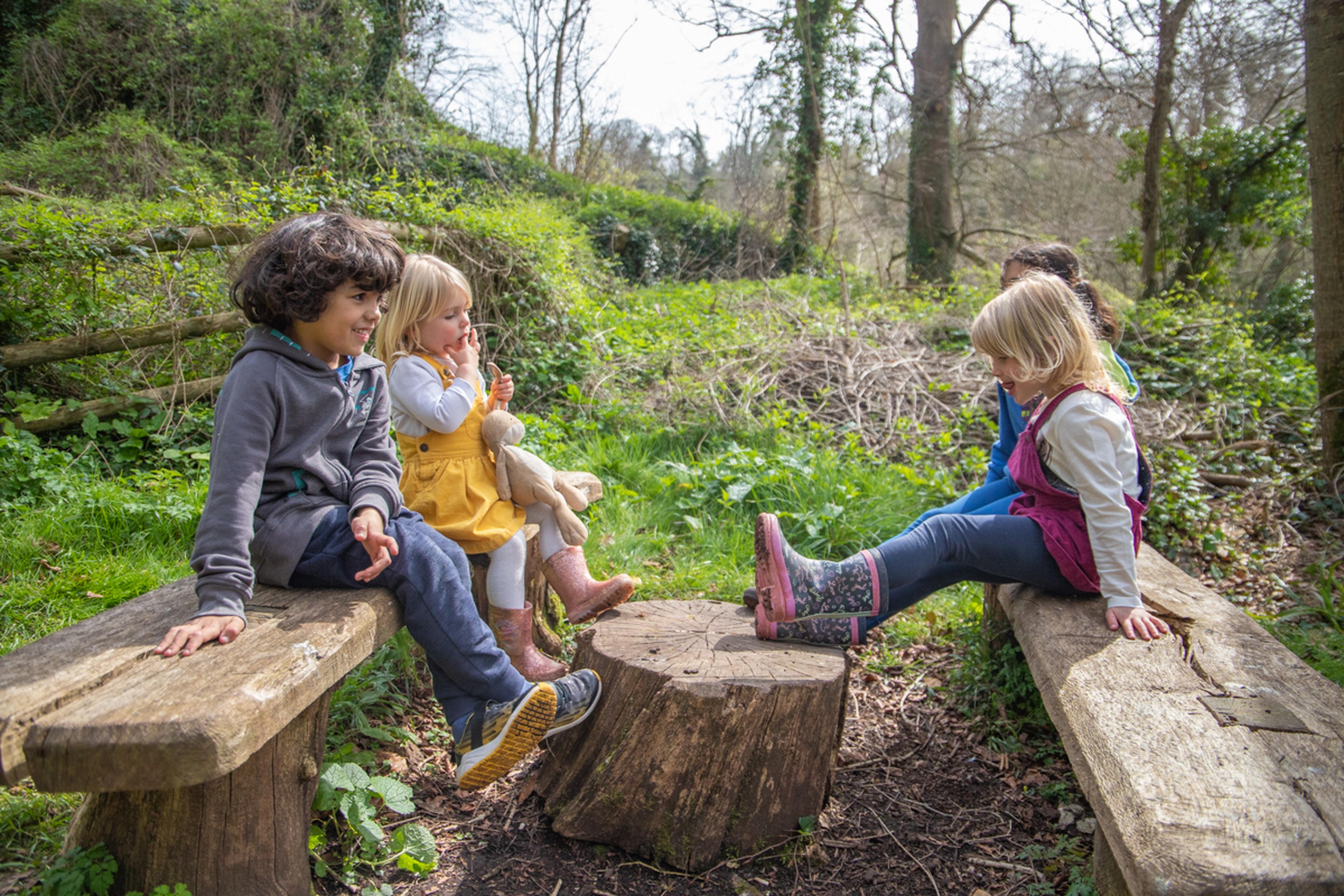 Four children sitting on wooden benches on a nature trail, laughing and talking, with sunlight filtering through the trees.