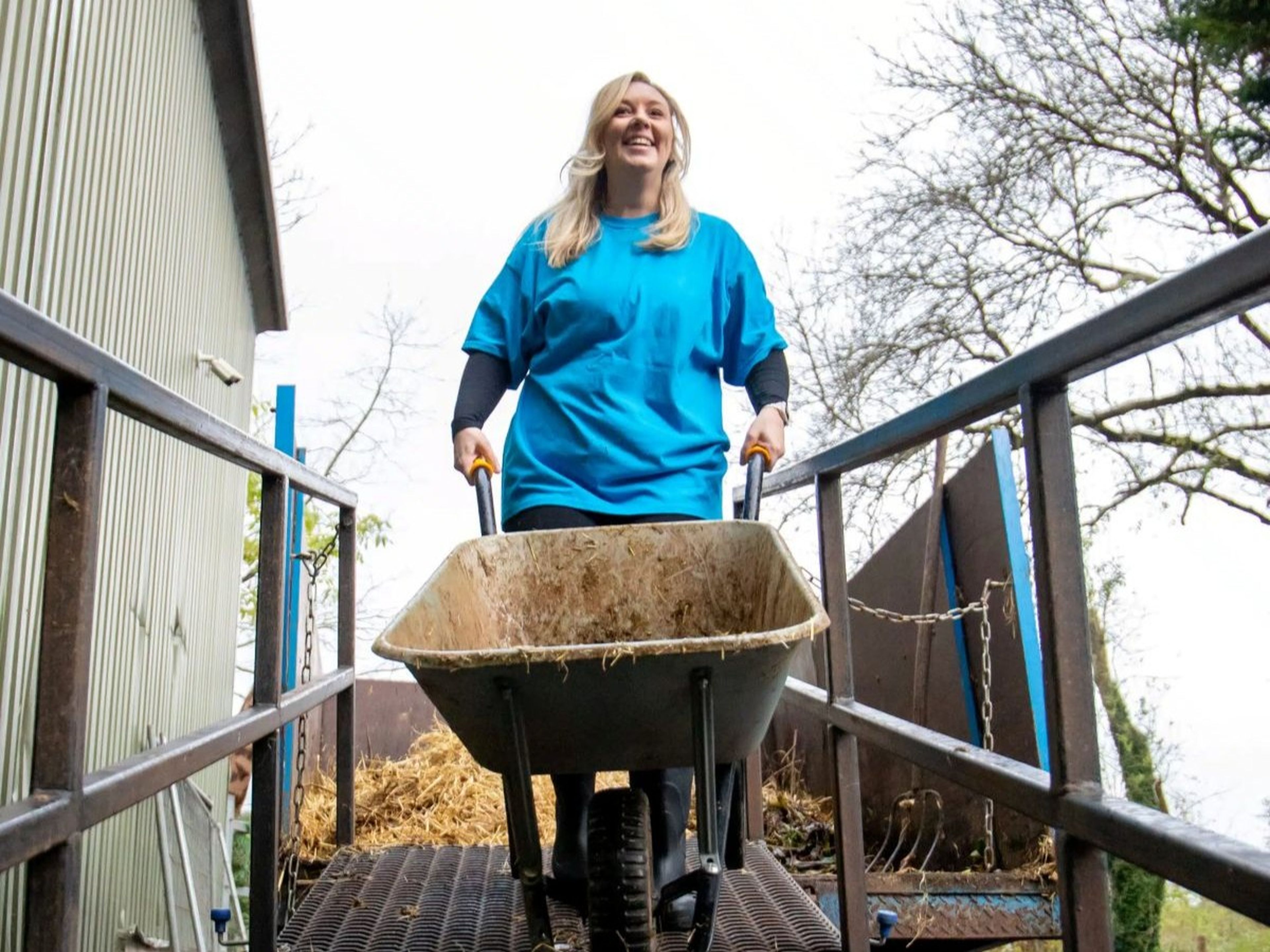 Woman in blue shirt pushing a wheelbarrow filled with hay on a metal ramp, surrounded by trees and a building.