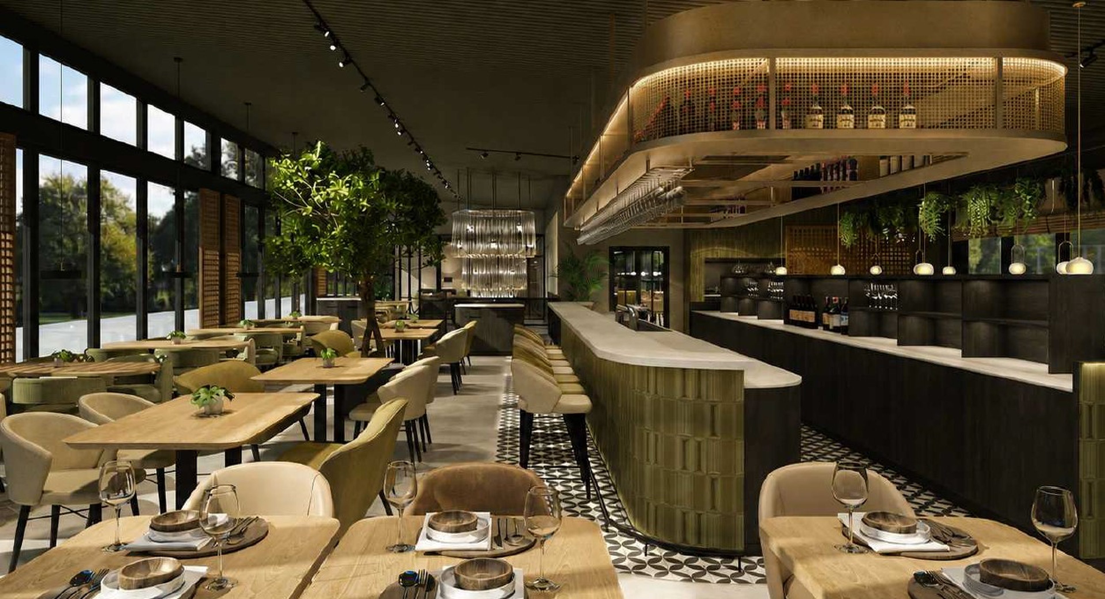 Een render van het horeca interieur bij Golf De Gulbergen