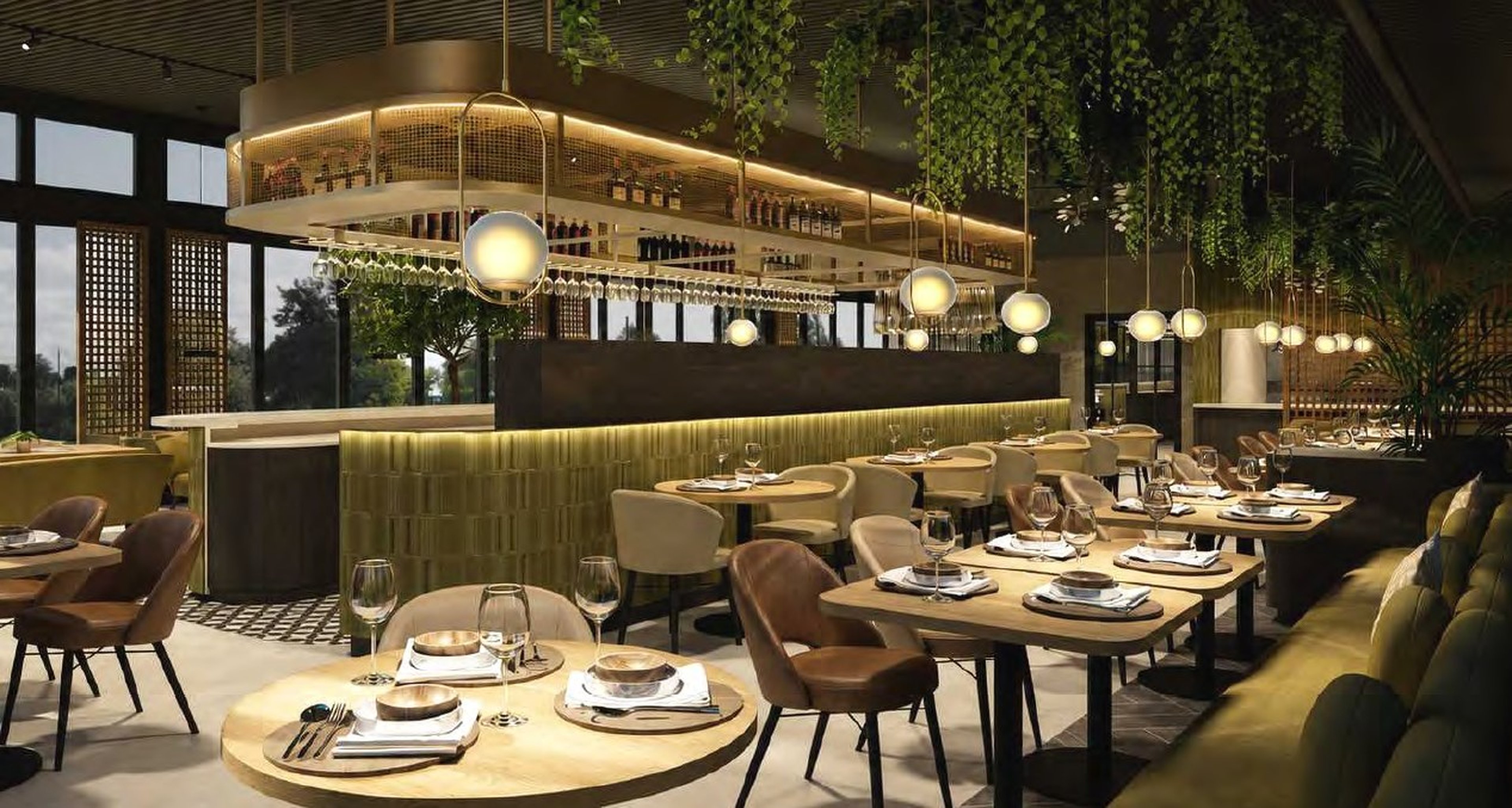 Een render van het horeca interieur bij Golf De Gulbergen