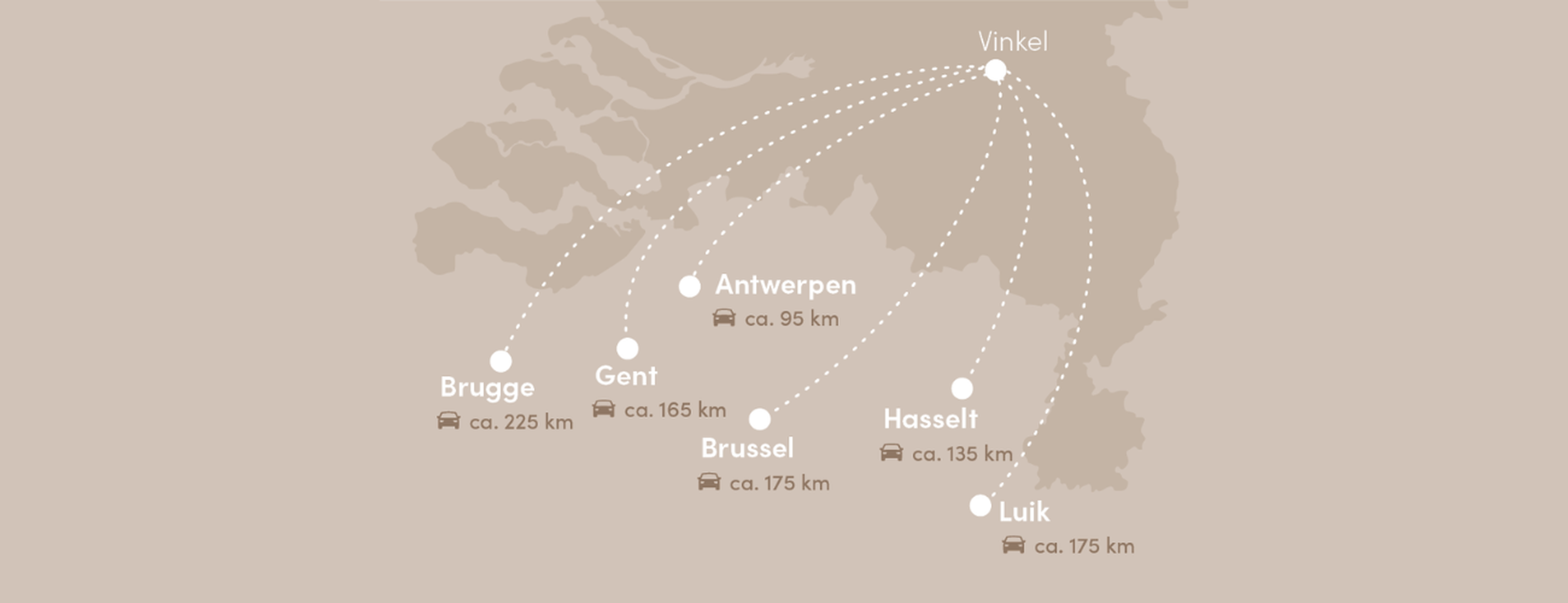 Een kaart die de route toont van verschillende steden in België naar Vakantiepark Dierenbos.
