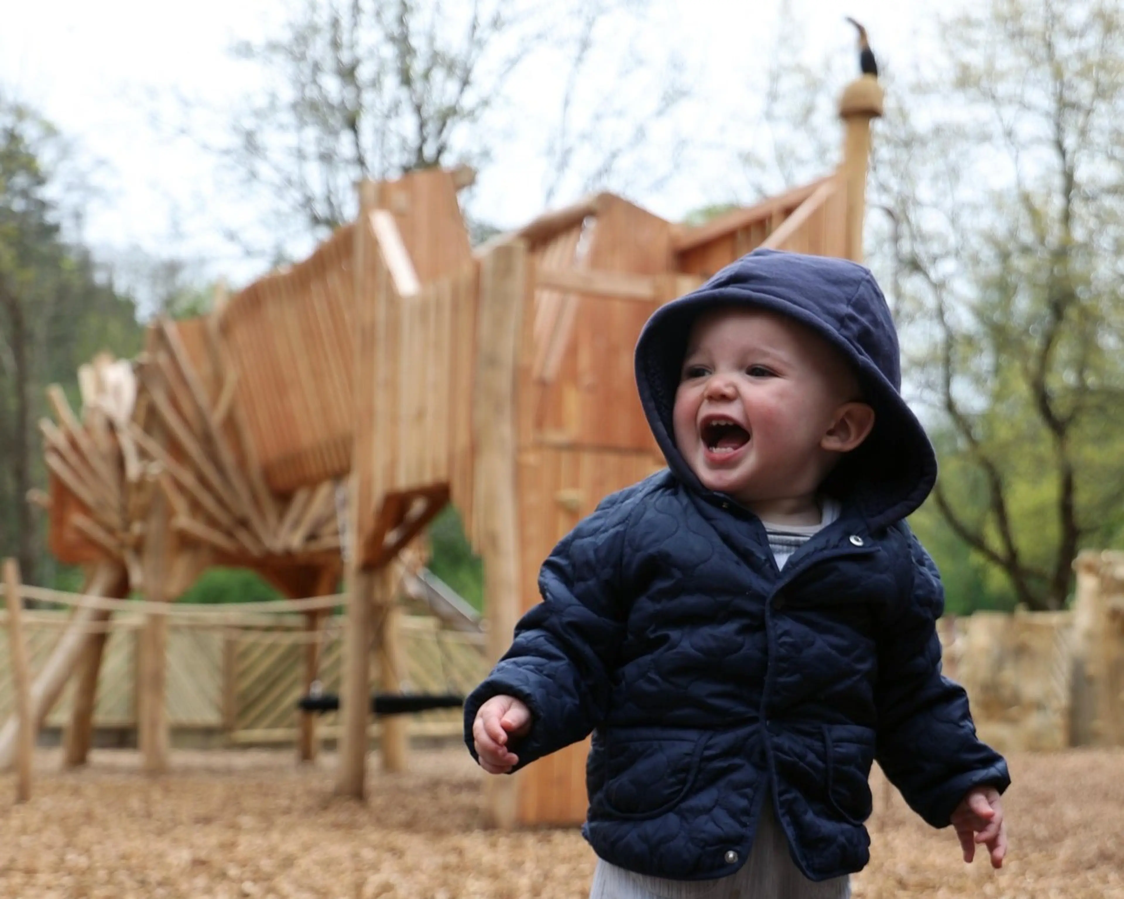 A smiling toddler in a navy jacket and hood playing outdoors near a large wooden playground structure shaped like an animal.