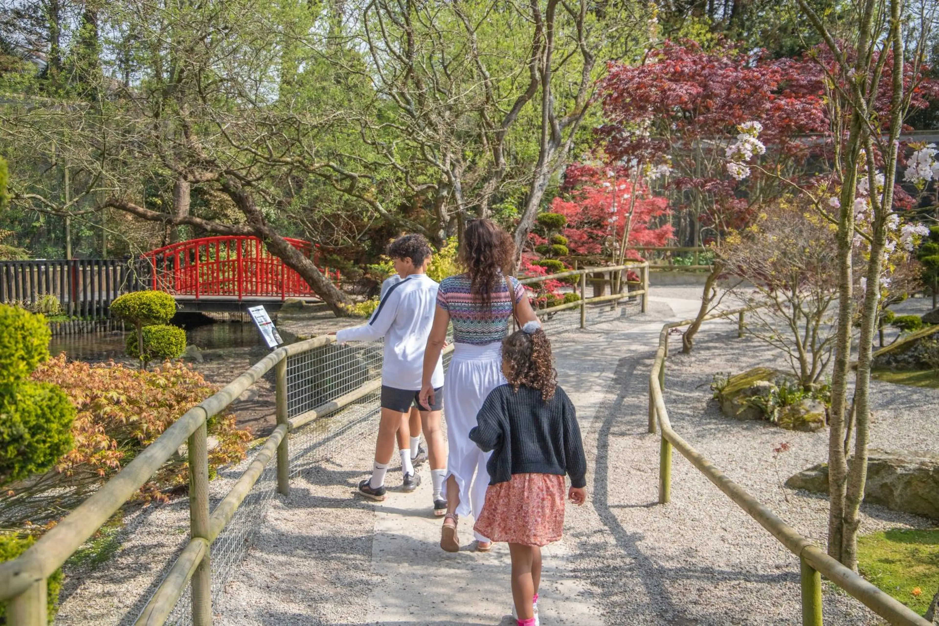 A family walks along a garden path lined with trees and flowers, approaching a red bridge on a sunny day.