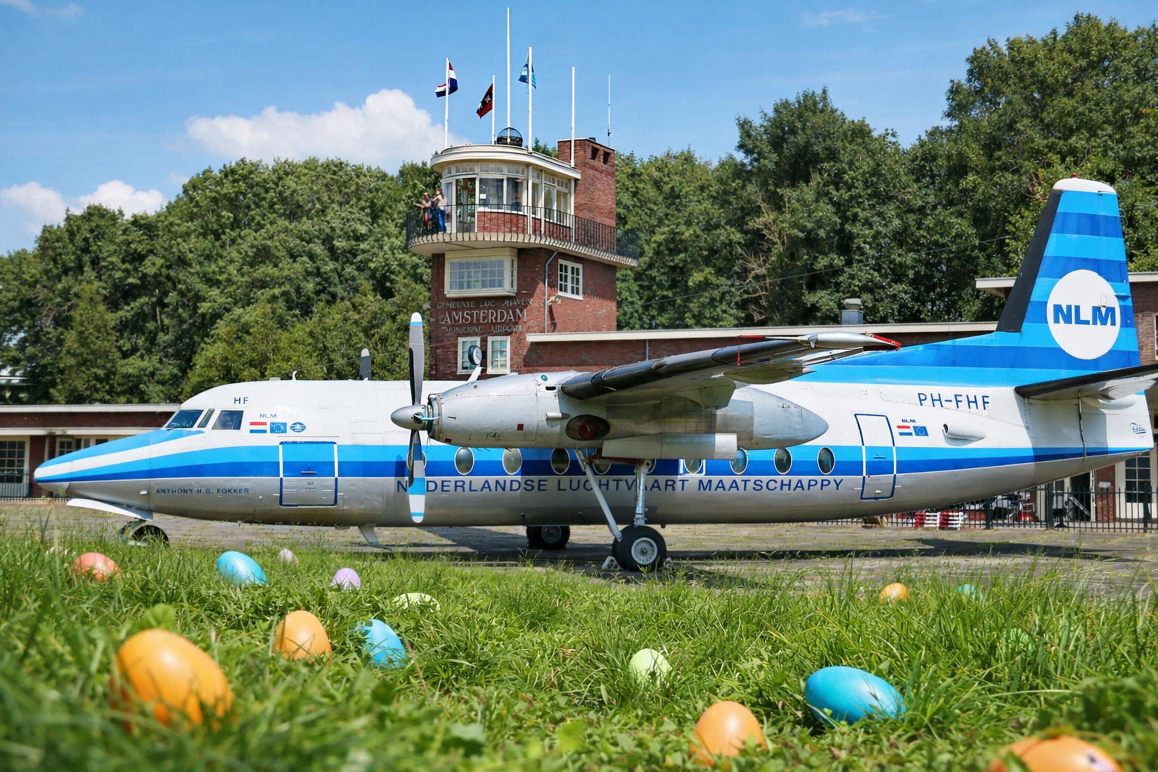 Een vliegtuig met op de voorgrond paaseieren in een grasveld bij Luchtvaartmuseum Aviodrome