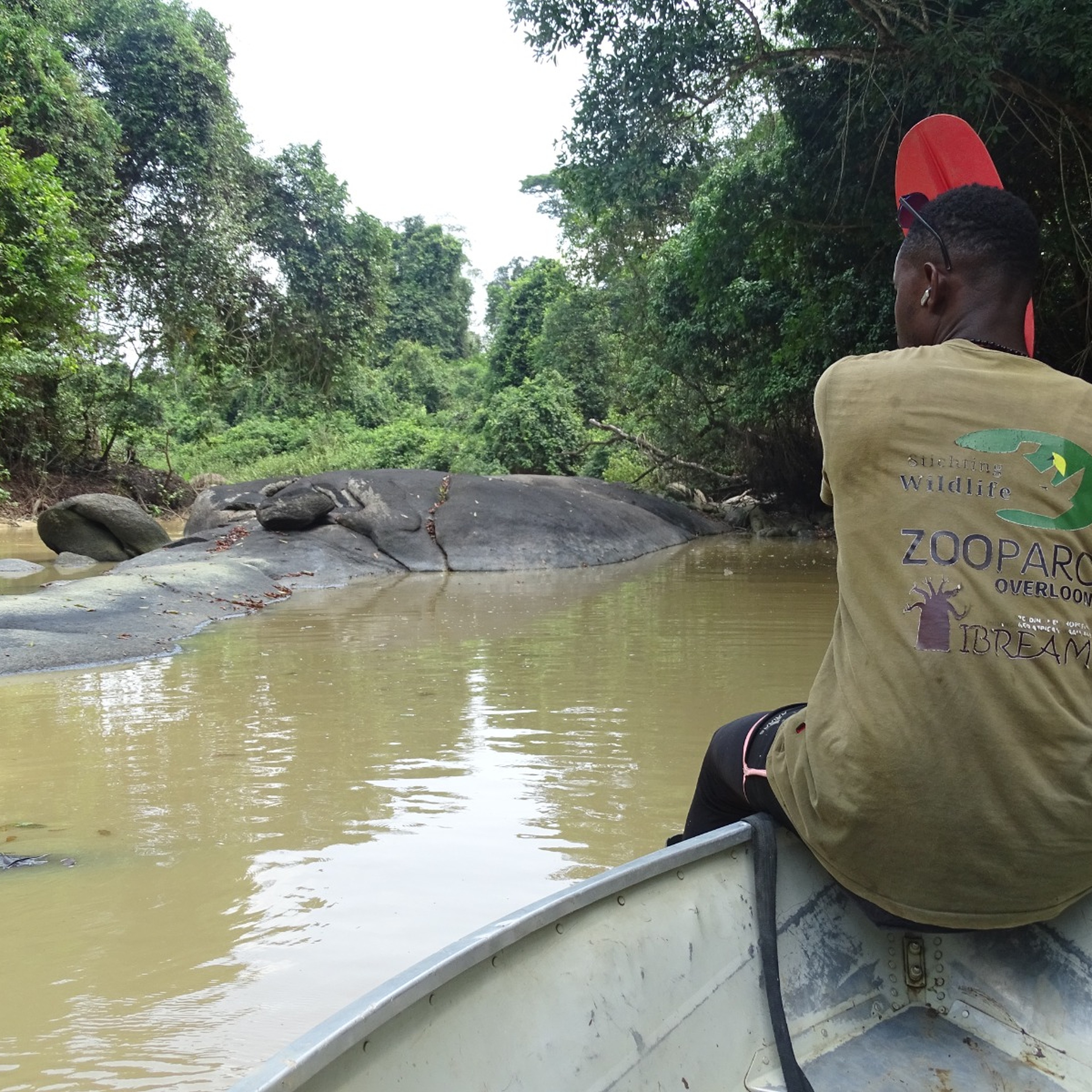 Een vrijwilliger van het IBREAM project in een boot in het Taï National Park in Ivoorkust