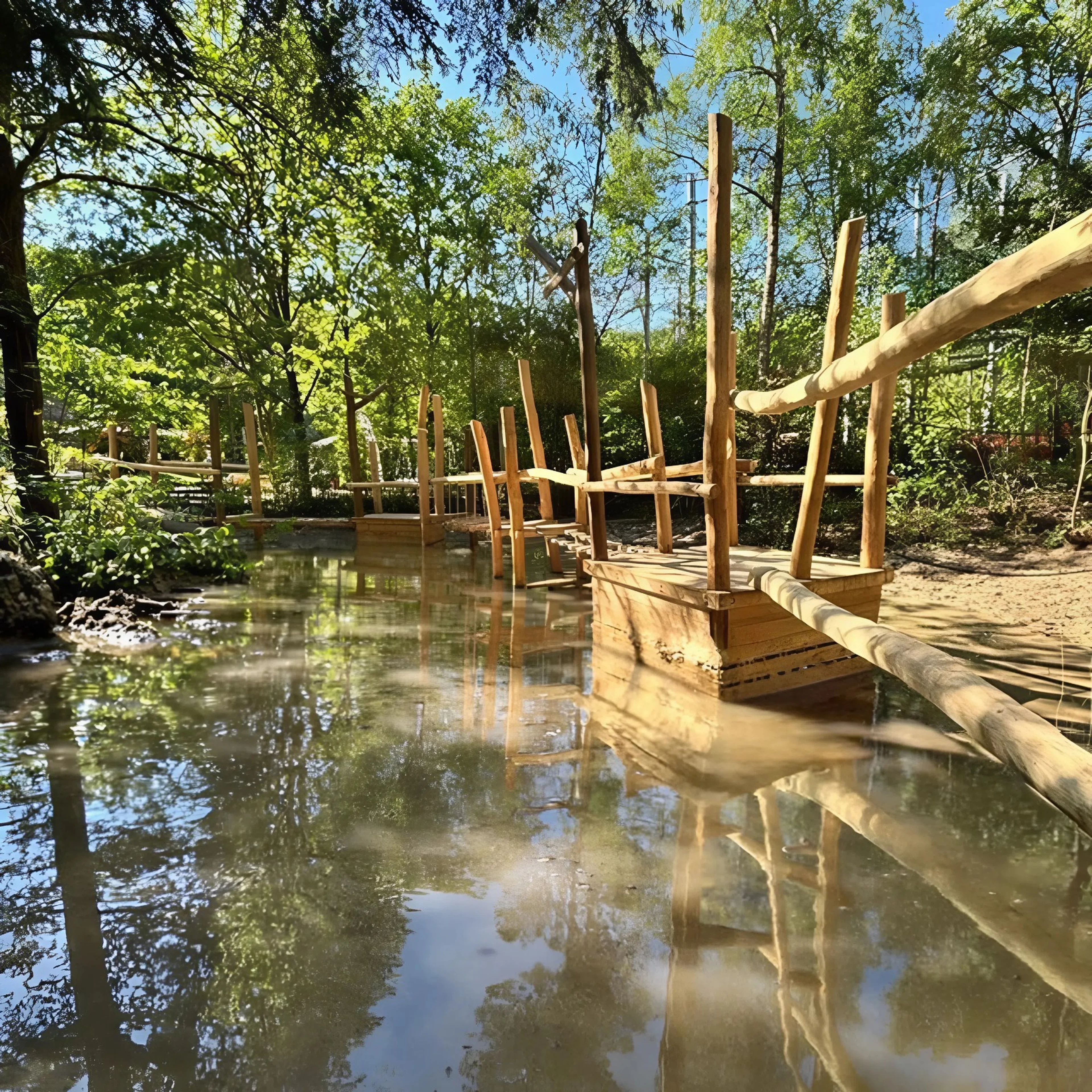 Een overzicht van de waterspeelbrug bij Klimrijk Brabant