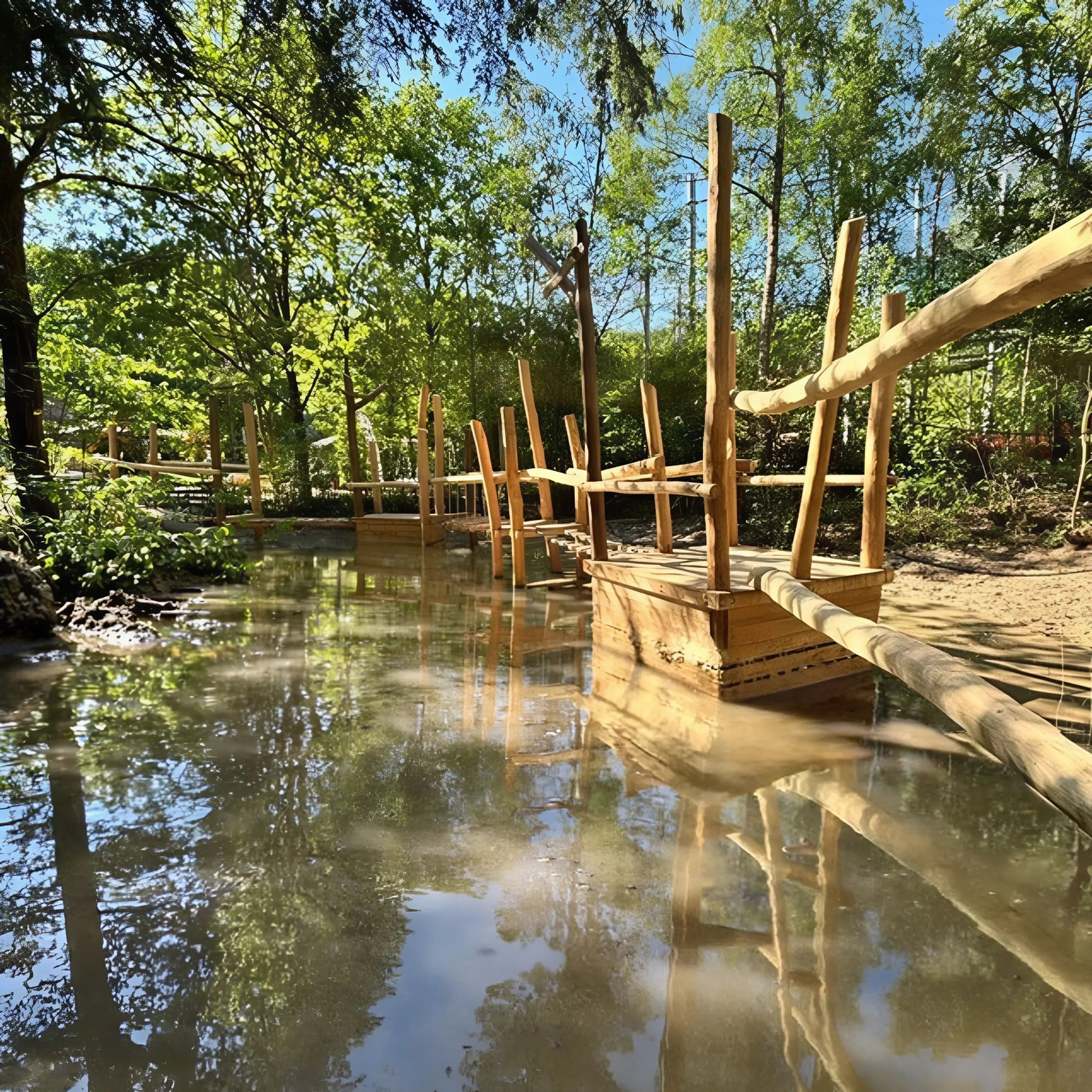 Een overzicht van de waterspeelbrug bij Klimrijk Brabant