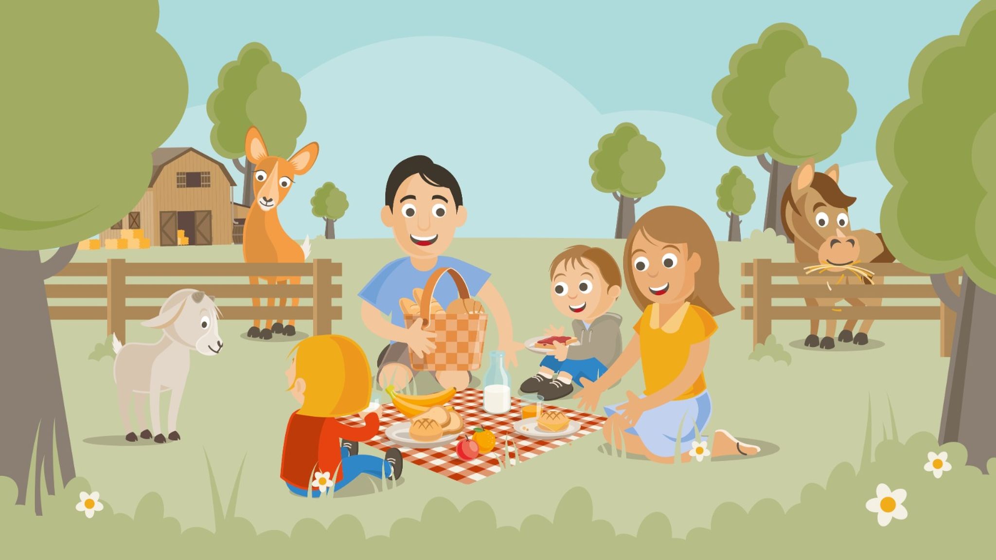 Een illustratie van een gezin dat aan het picknicken is tussen de hertjes bij Vakantiepark Dierenbos.