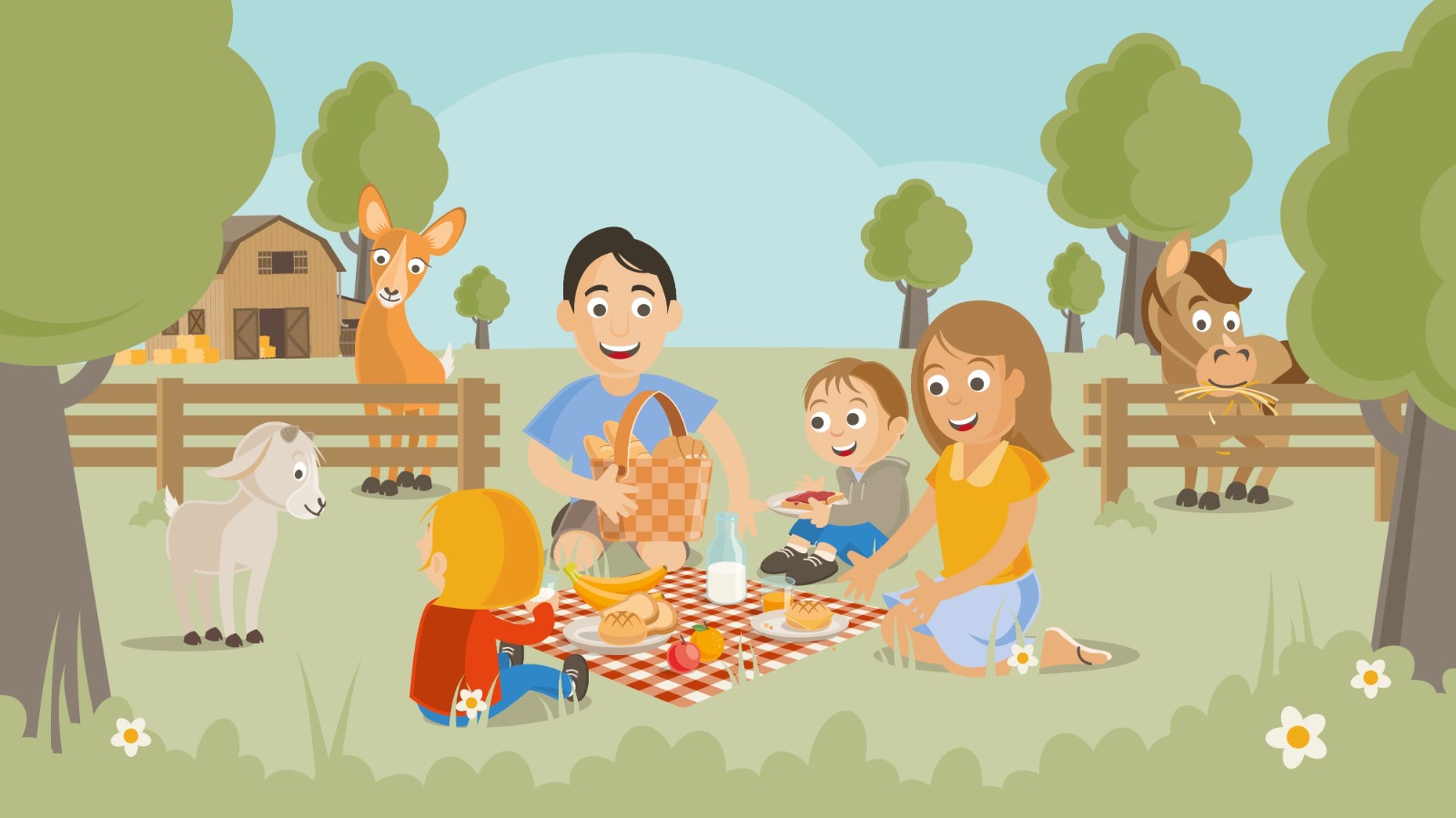 Een illustratie van een gezin dat aan het picknicken is tussen de hertjes bij Vakantiepark Dierenbos.