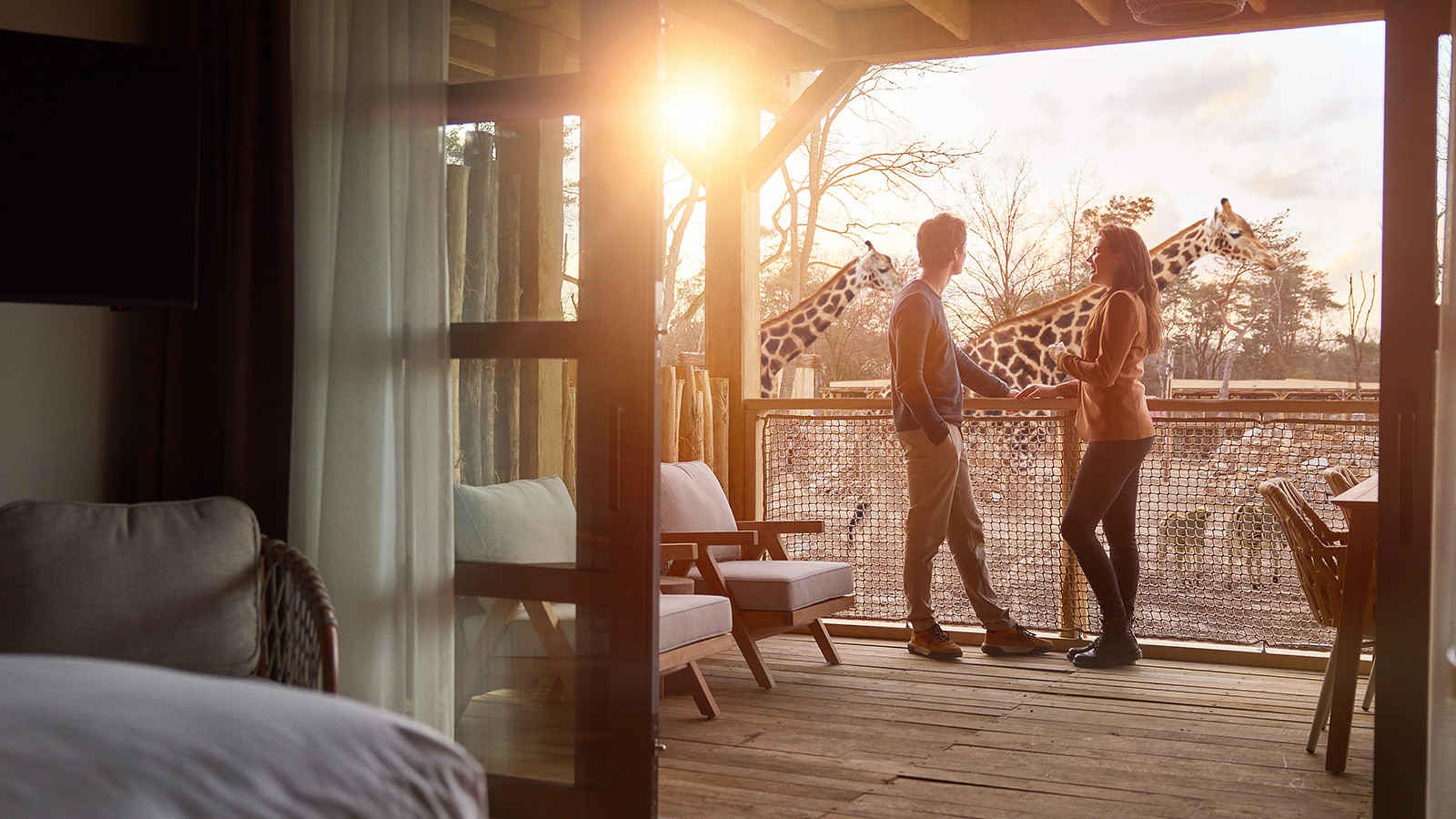 Stel op het terras van een Savanne Room bij Safari Hotel Beekse Bergen