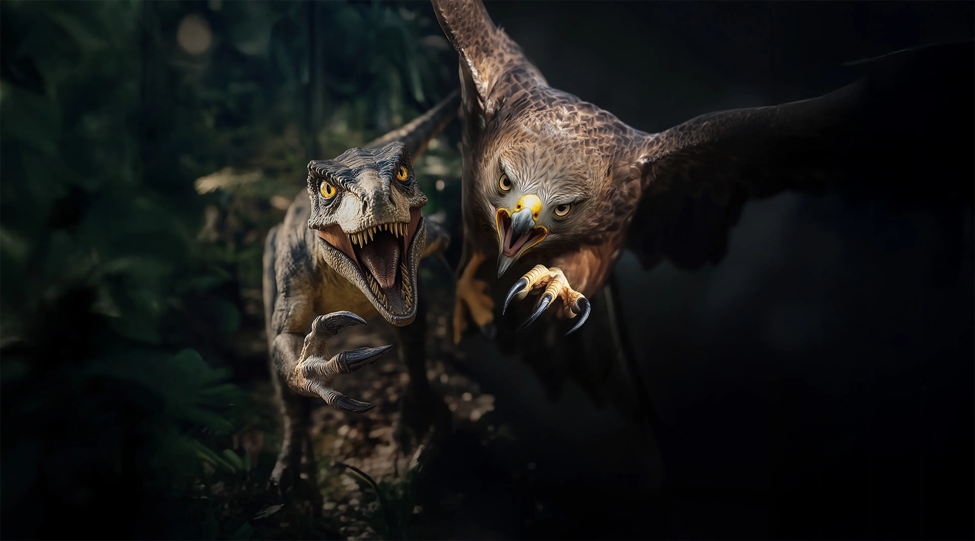 Een velociraptor en een zwarte wouw, beide te zien in de DINO vs DIER expositie bij Eindhoven Zoo.