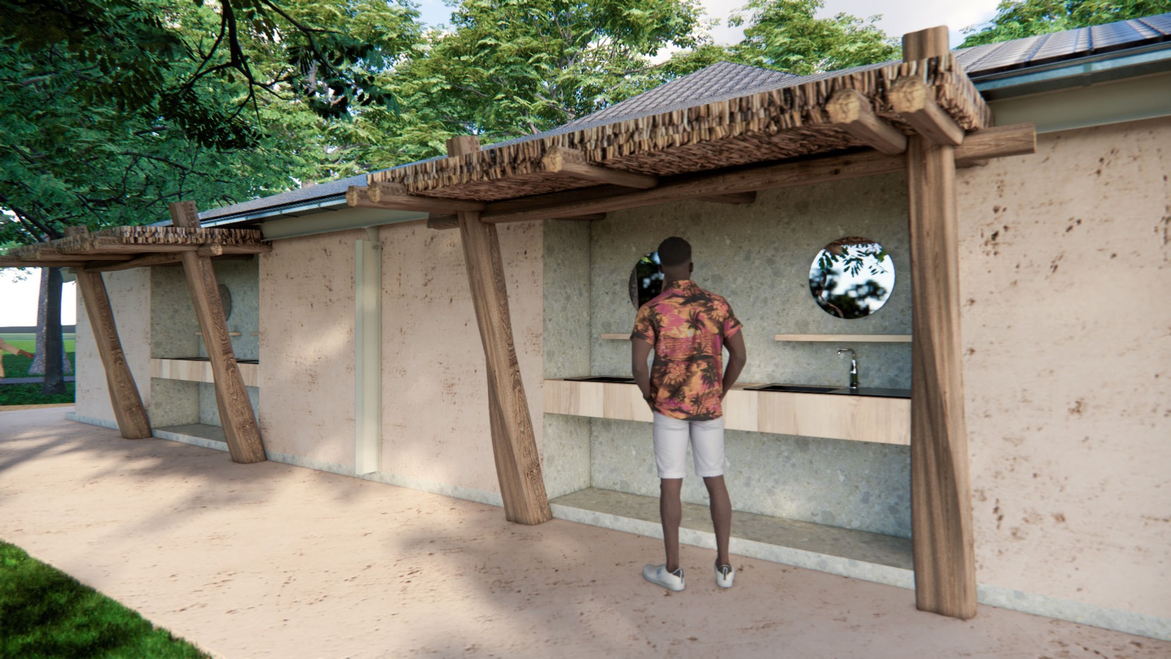 Een man bij het nieuwe sanitairgebouw bij Lake Resort Beekse Bergen.