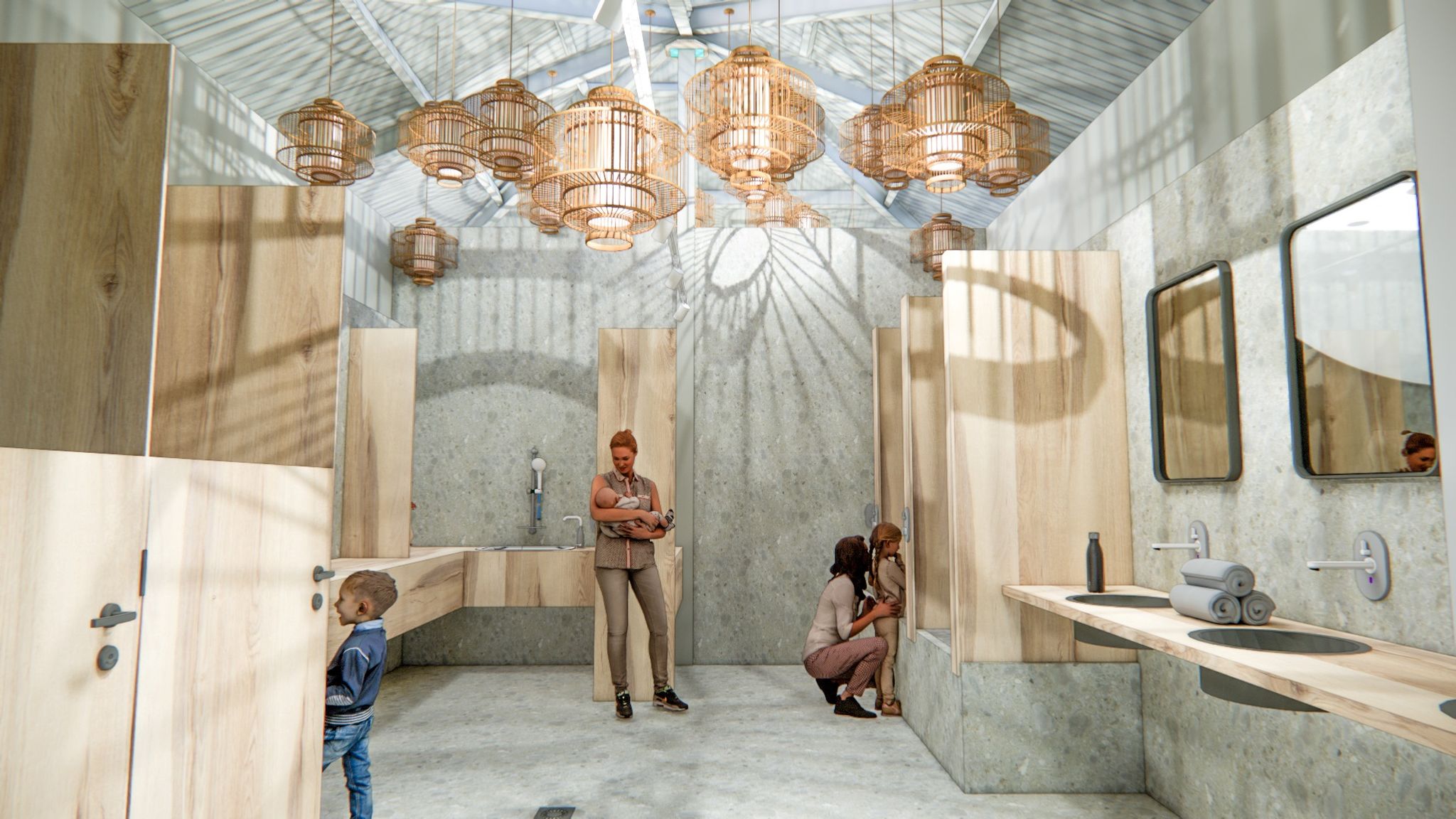 Een gezin in het nieuwe sanitairgebouw bij Lake Resort Beekse Bergen.