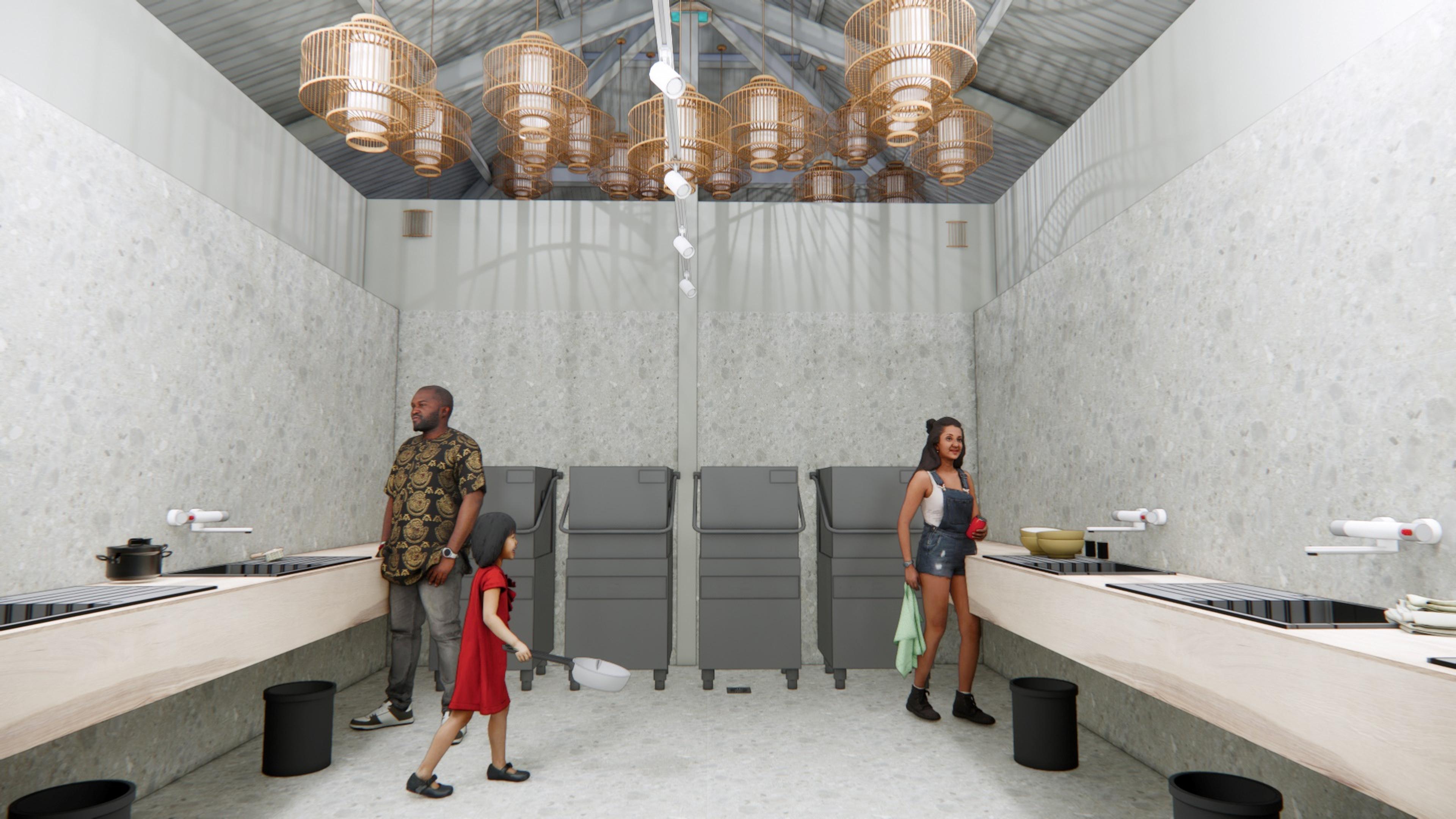 Een gezin bij de nieuwe vaatwassers in het nieuwe sanitairgebouw van Lake Resort Beekse Bergen.