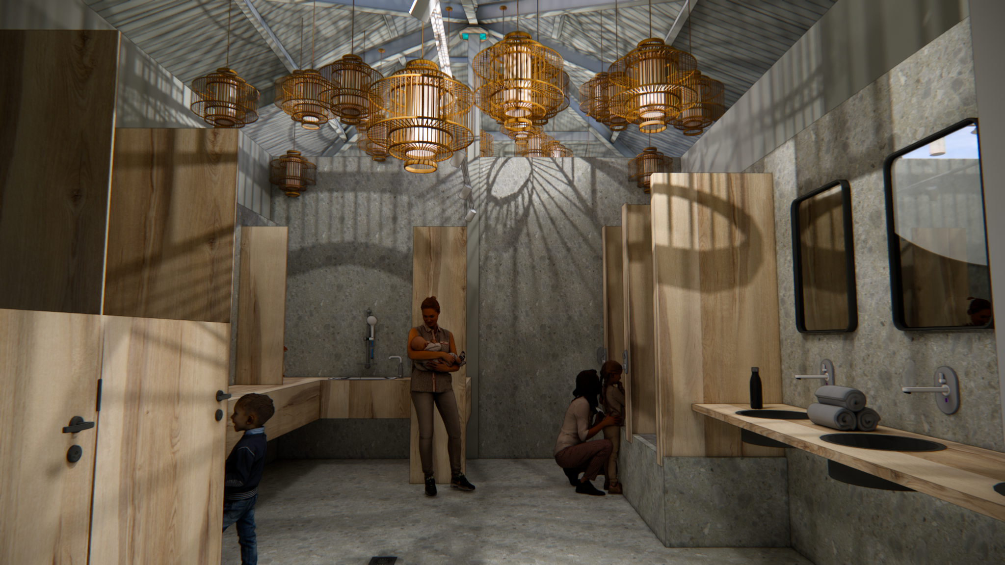 Een render van de vernieuwde sanitairgebouwen bij Lake Resort Beekse Bergen.