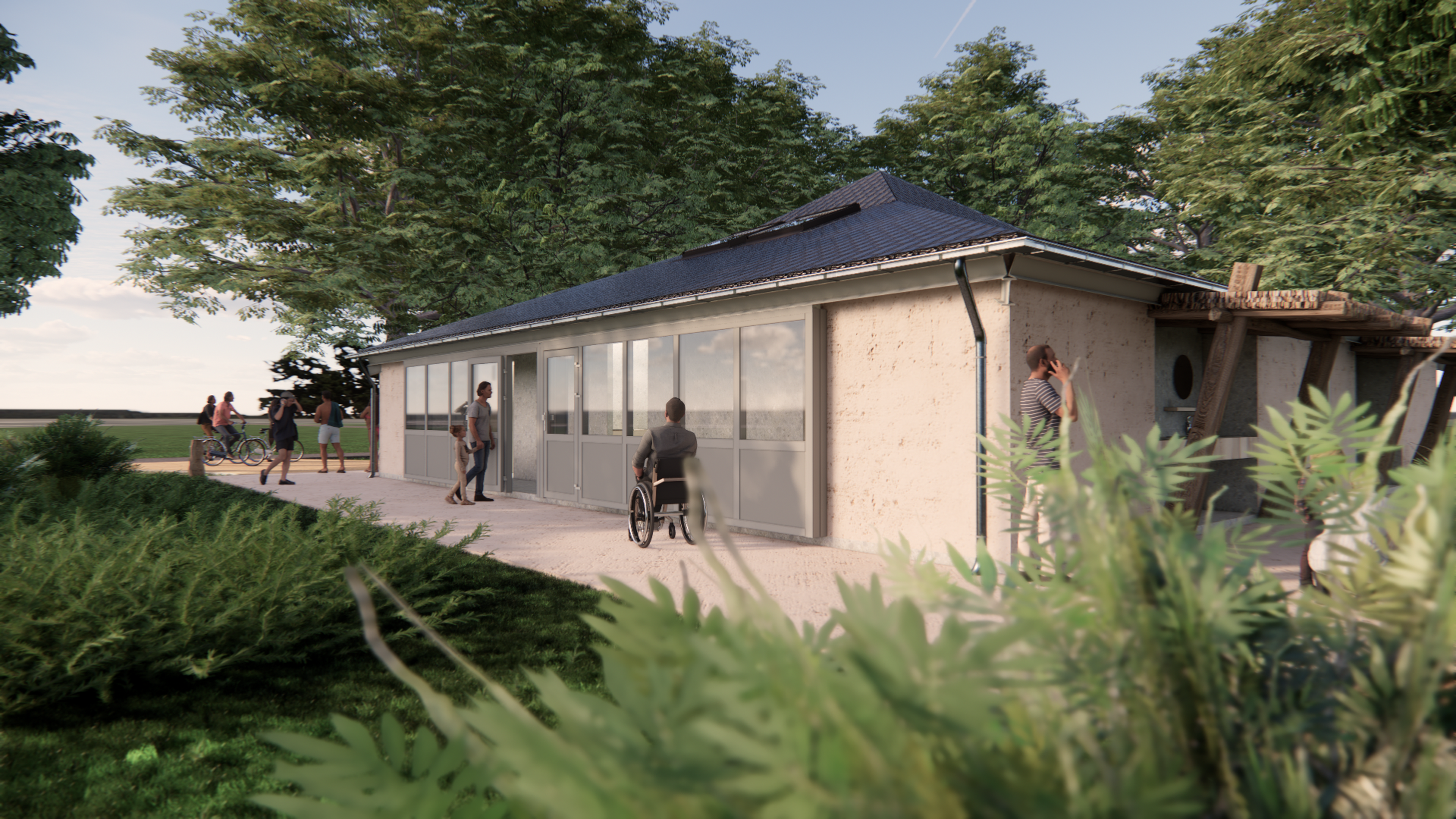 Een render van de vernieuwde sanitairgebouwen bij Lake Resort Beekse Bergen.