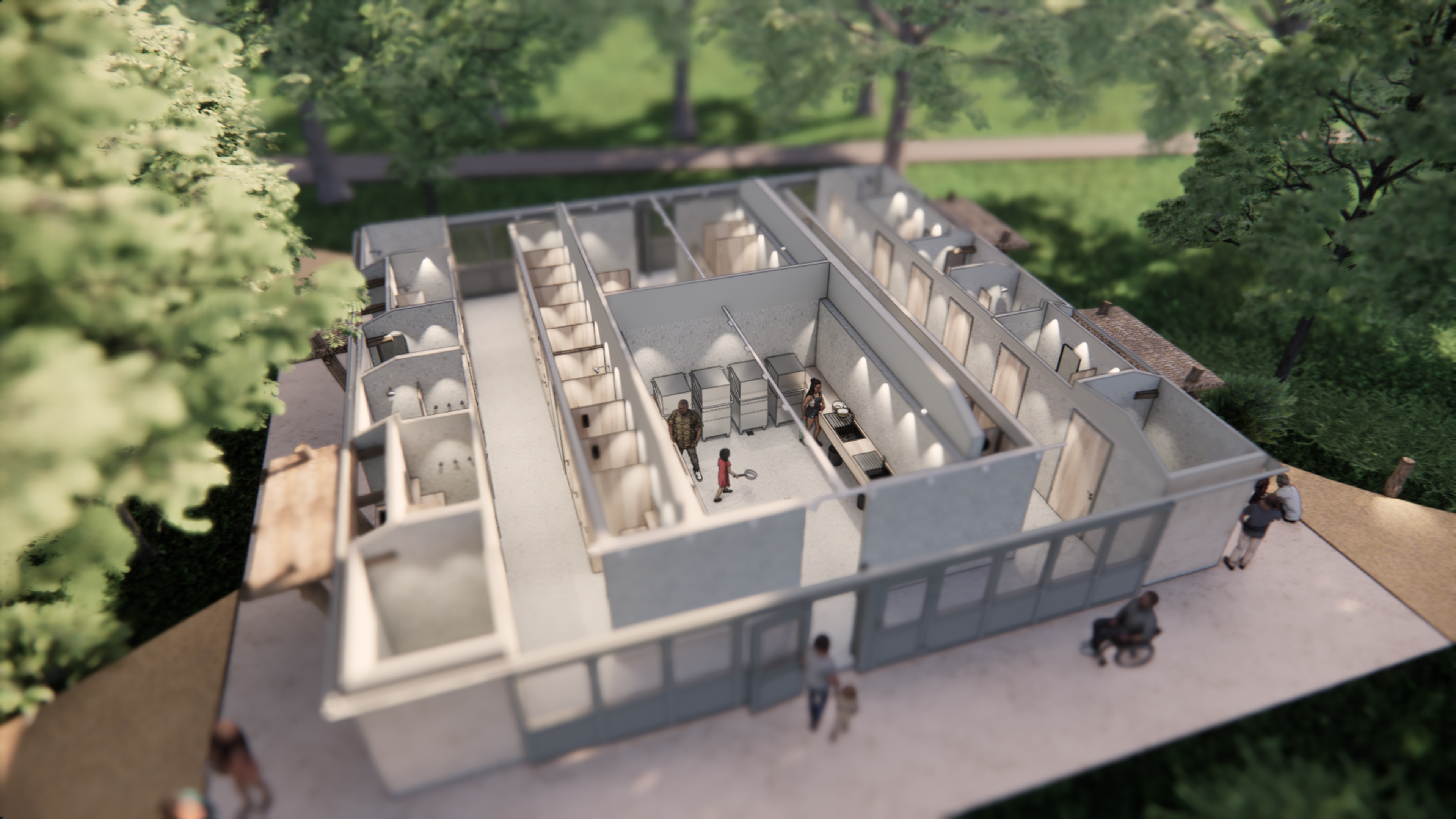 Een render van de vernieuwde sanitairgebouwen bij Lake Resort Beekse Bergen.