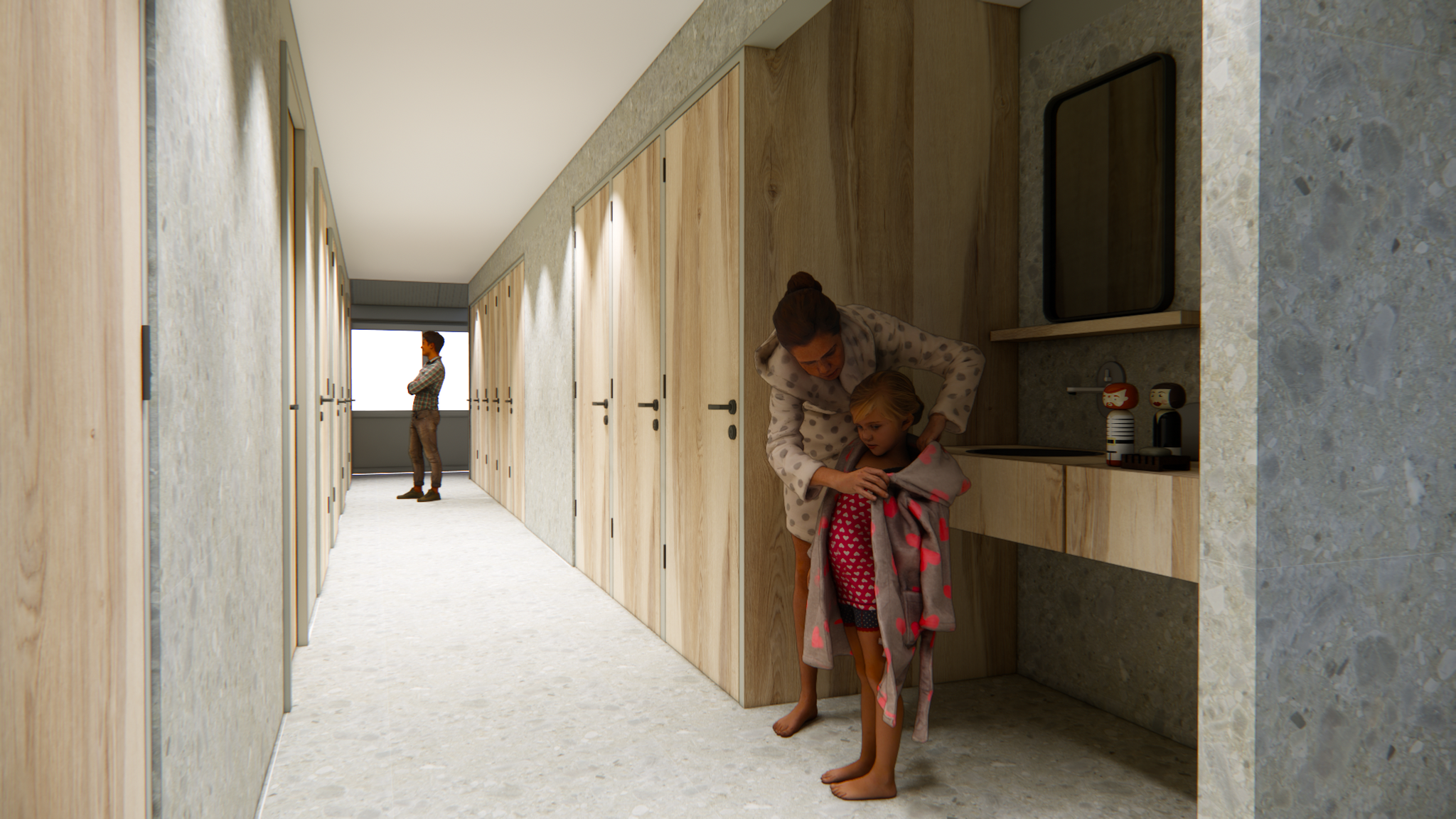 Een render van de vernieuwde douches bij Lake Resort Beekse Bergen.