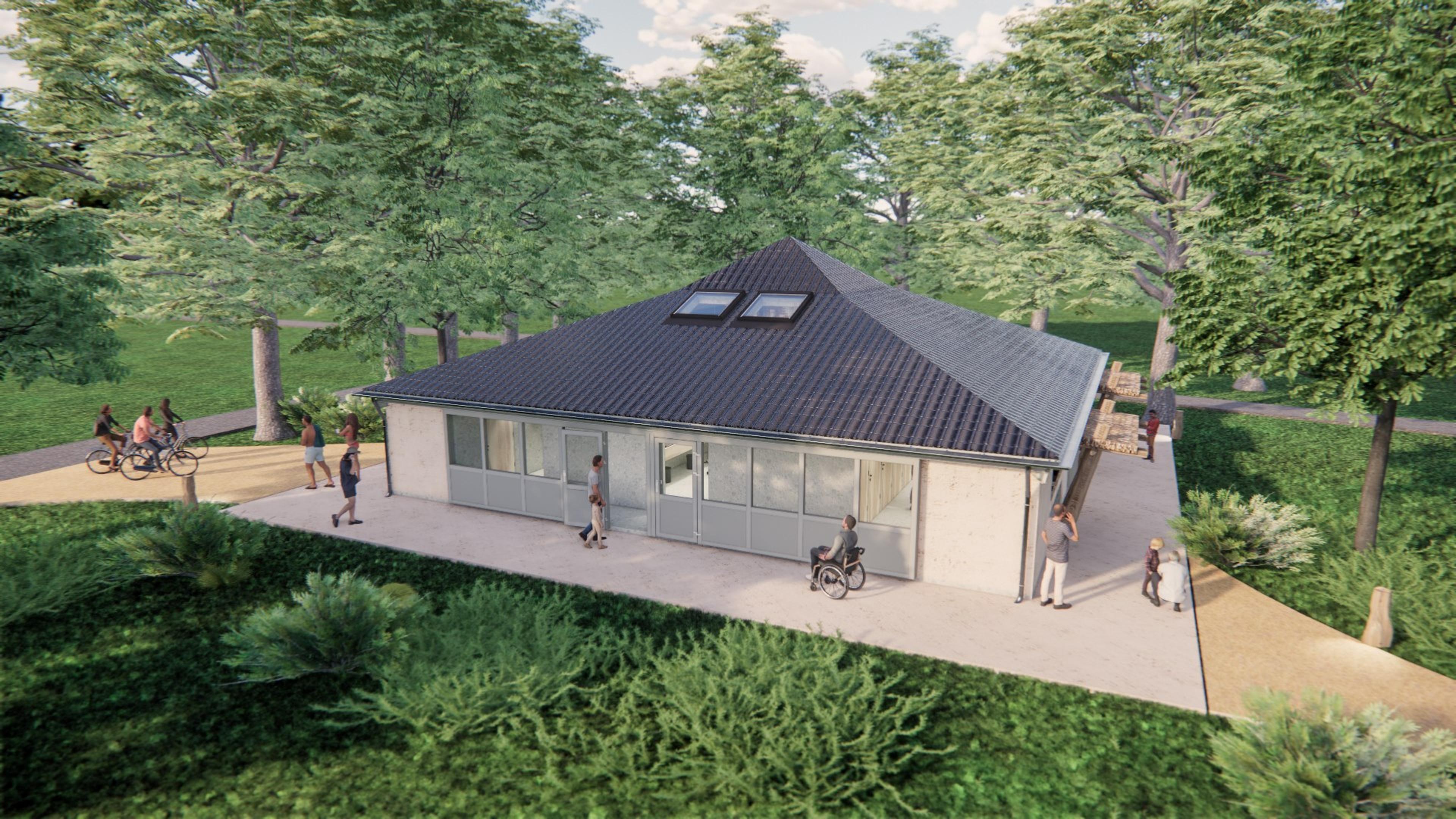 De buitenkant van het nieuwe sanitairgebouw van Lake Resort Beekse Bergen.