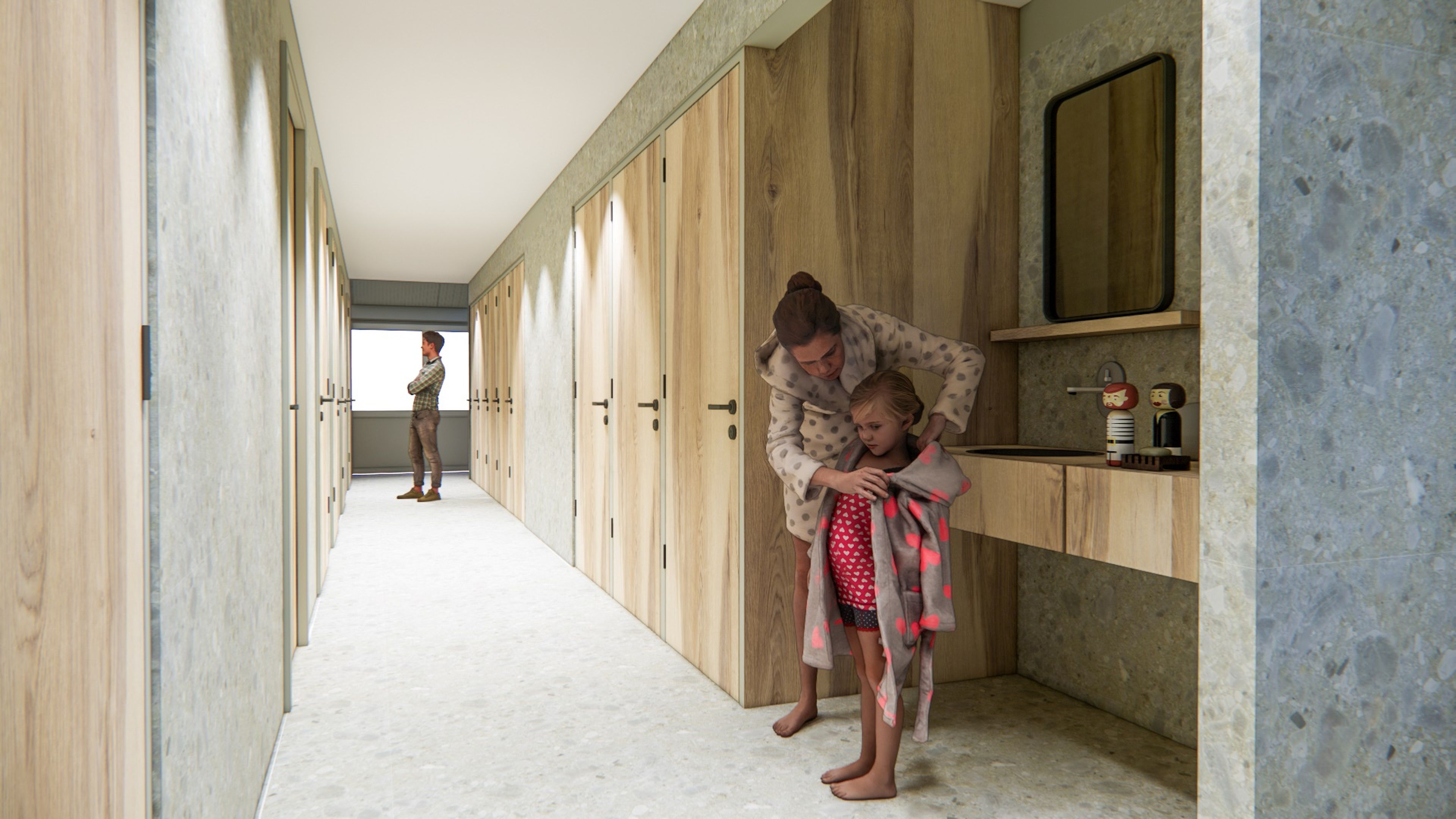 Een gezin bij de douches van het nieuwe sanitairgebouw bij Lake Resort Beekse Bergen.