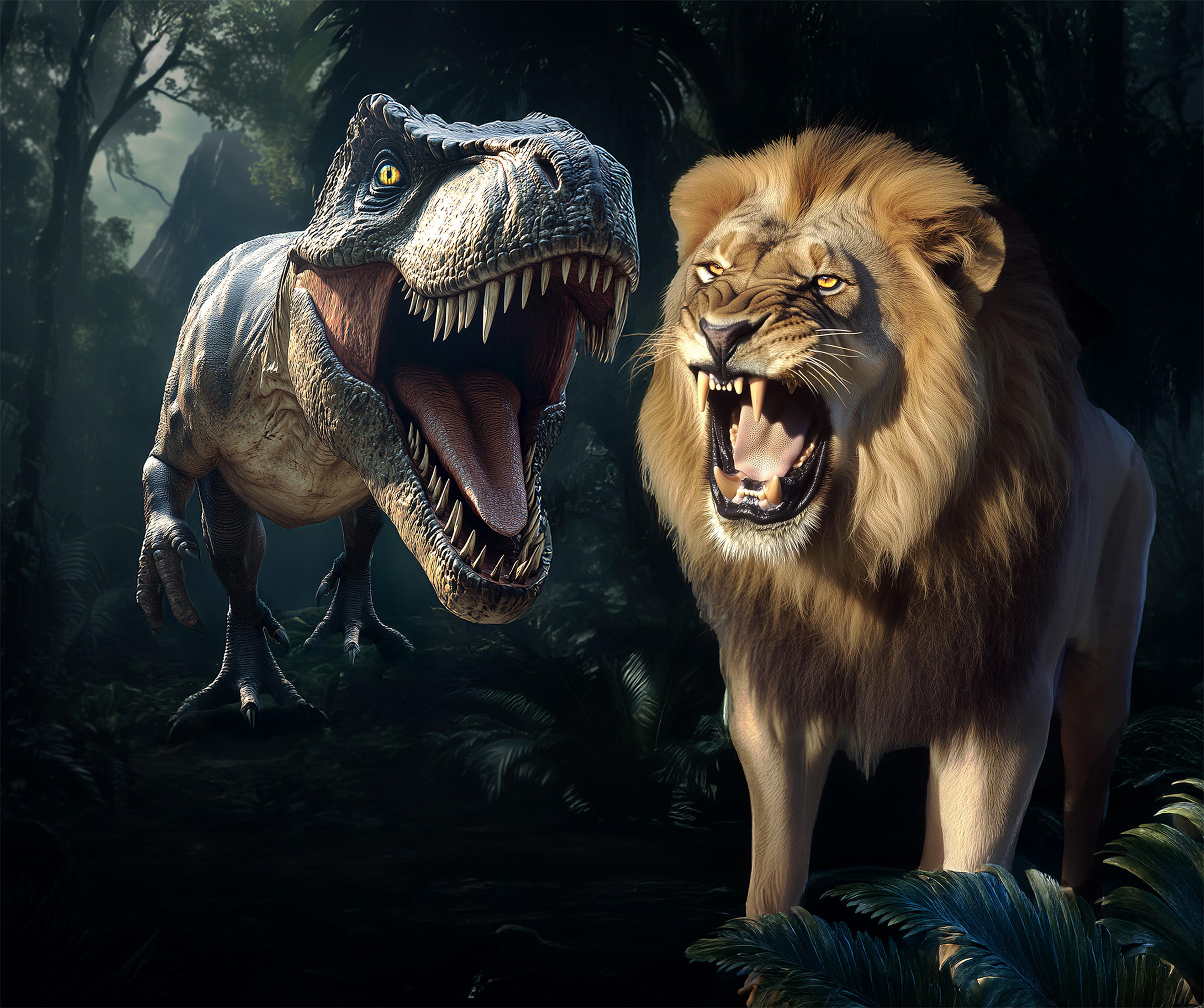 Een T-rex en een leeuw, beide te zien in de DINO vs DIER expositie bij Eindhoven Zoo.