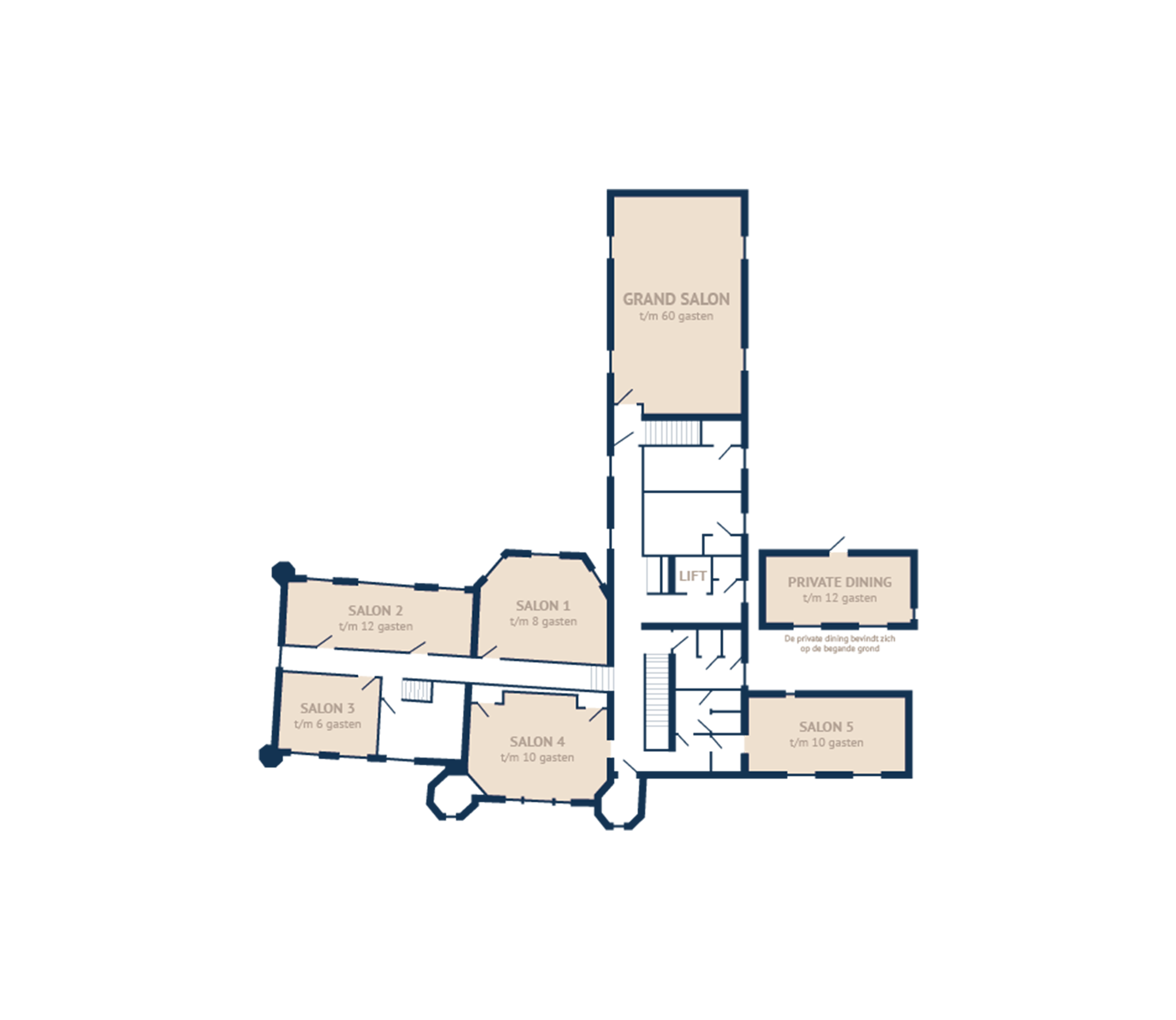 Plattegrond salons met private dining Kasteel Steenenburg