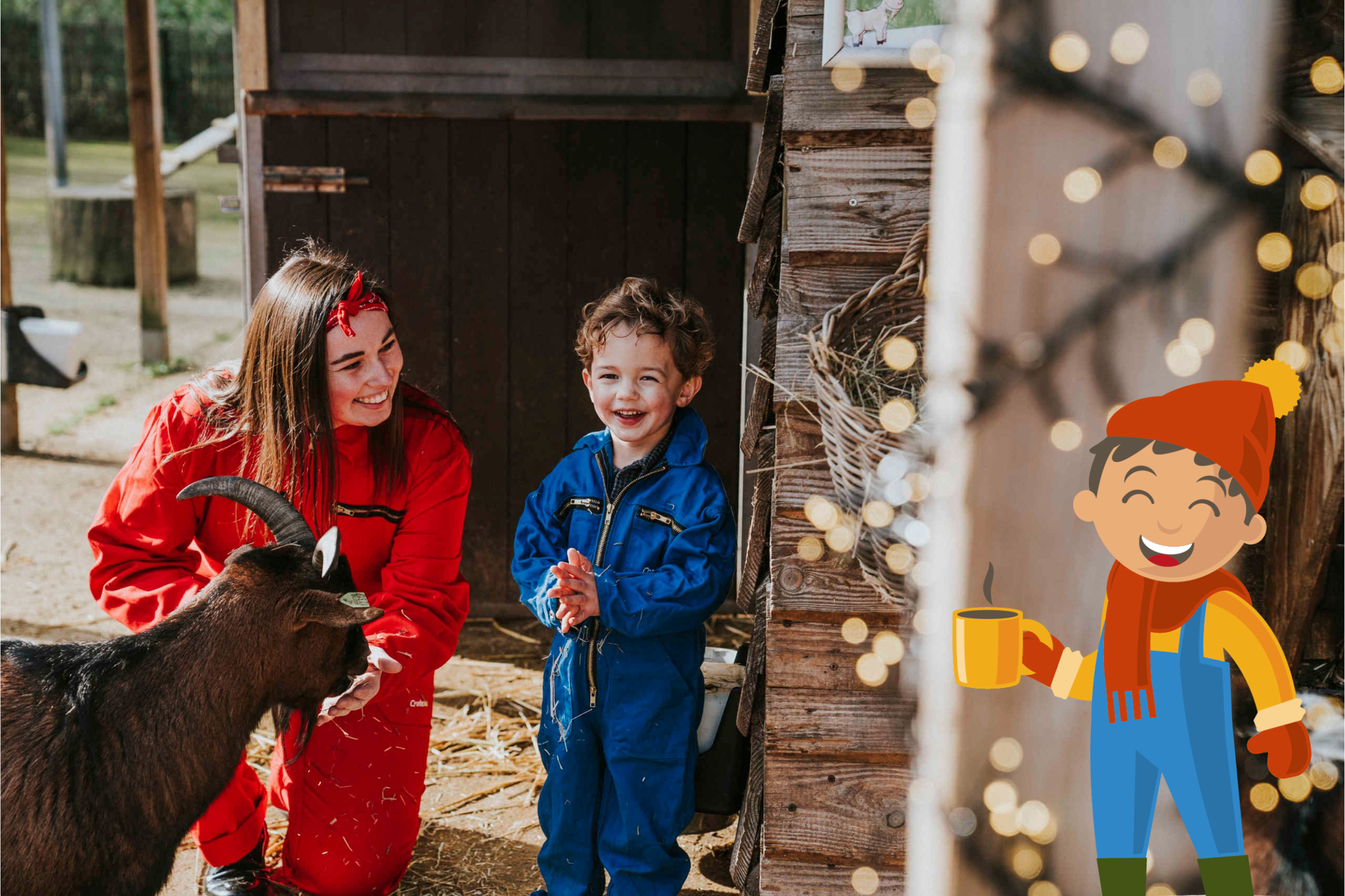 Een jongen en een dierenverzorger voeren een geit bij Vakantiepark Dierenbos.