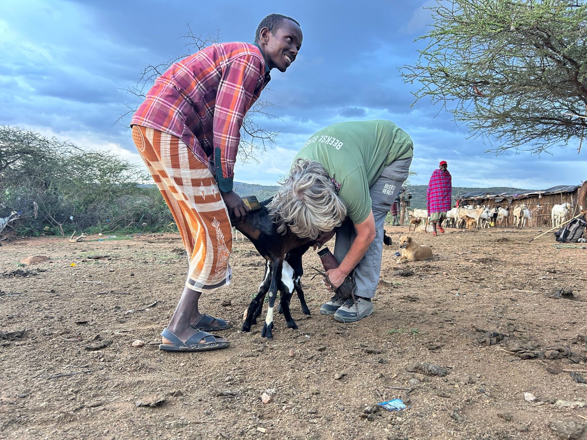 Yvonne melkt de geiten in Kenia.