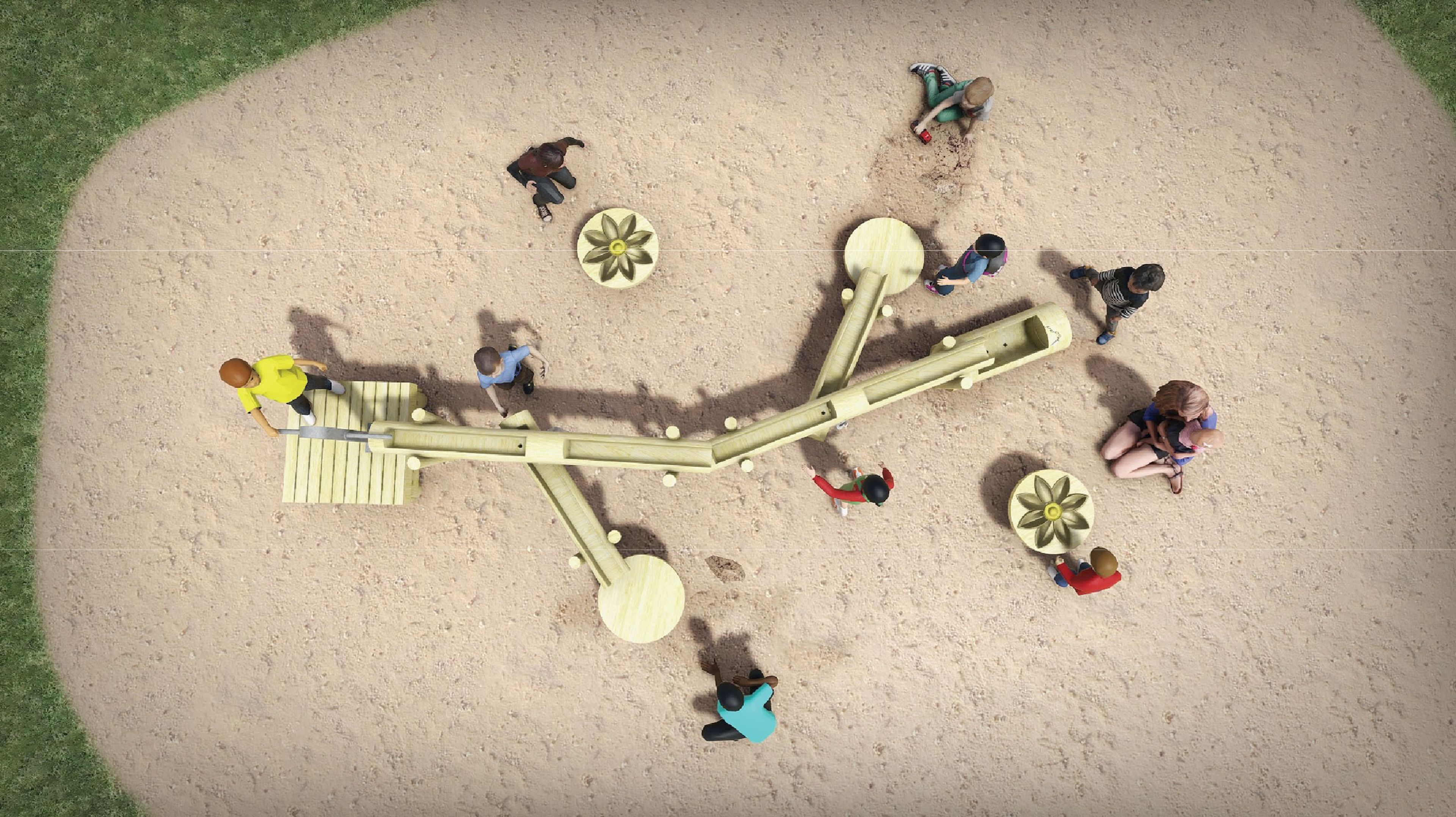 Een bovenaanzicht render van de waterspeeltuin bij Klimrijk Brabant