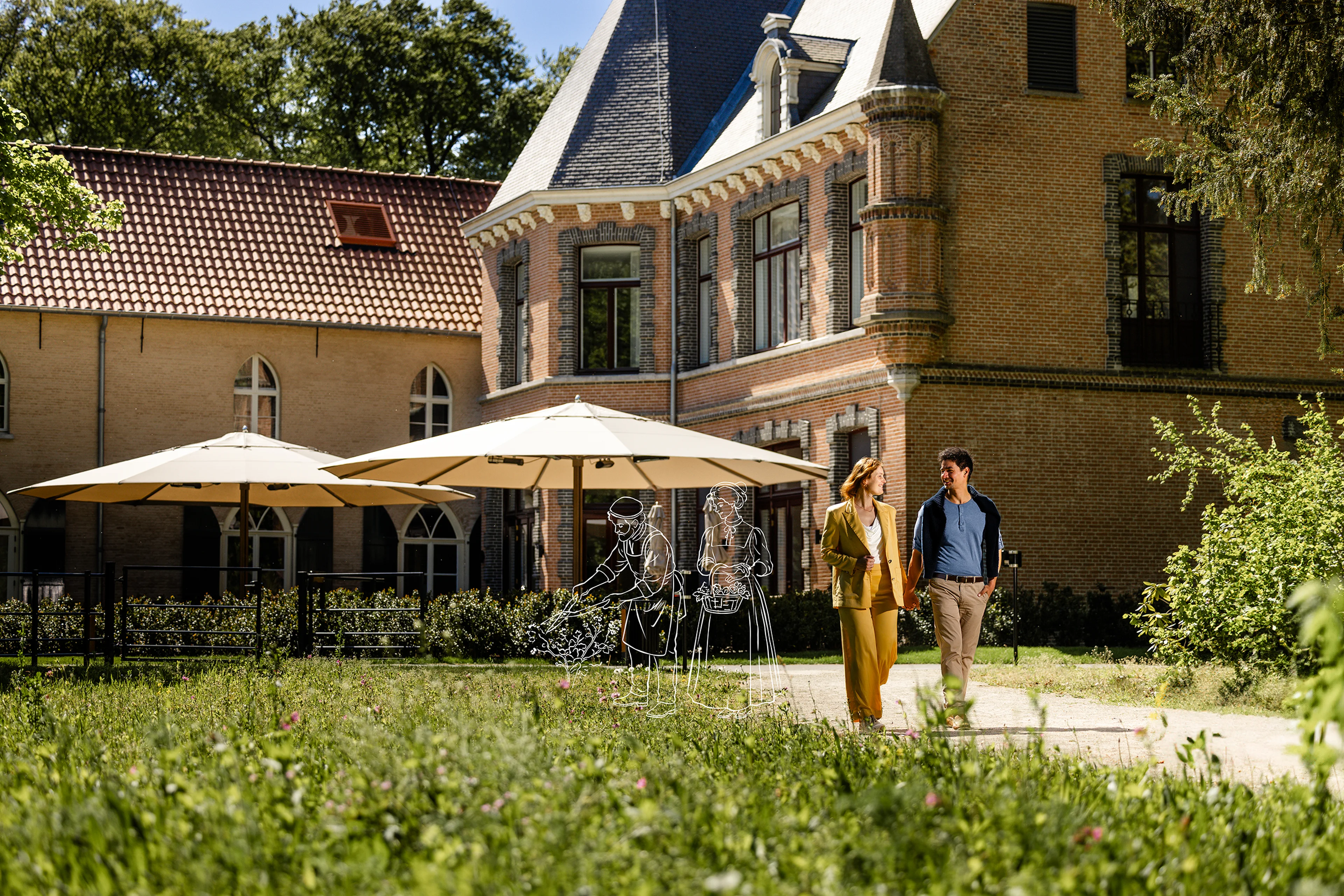 Stel buiten met illustratie in de kasteeltuin van Kasteel Steenenburg