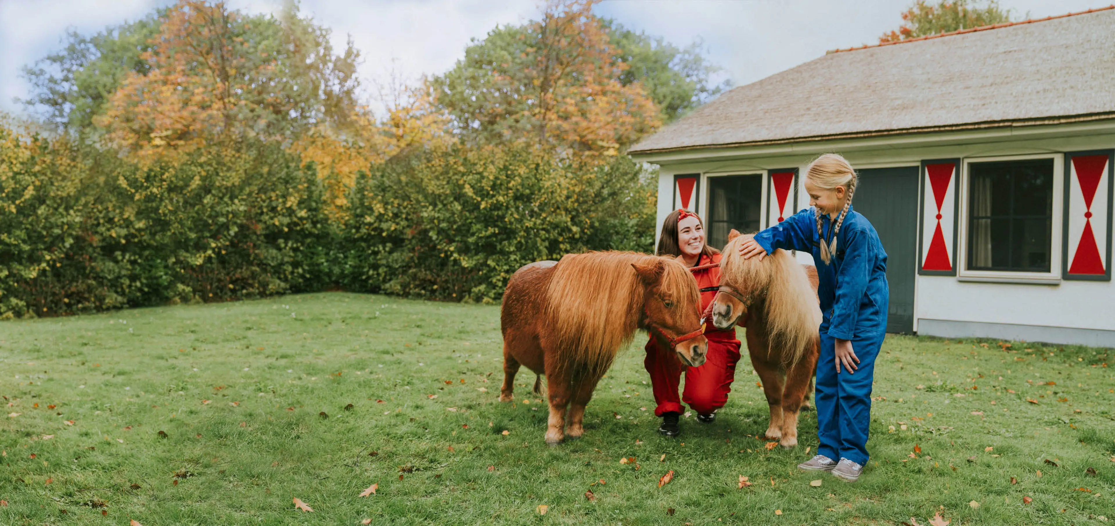 Meisje en dierenverzorger aaien pony's op de kinderboerderij van Vakantiepark Dierenbos