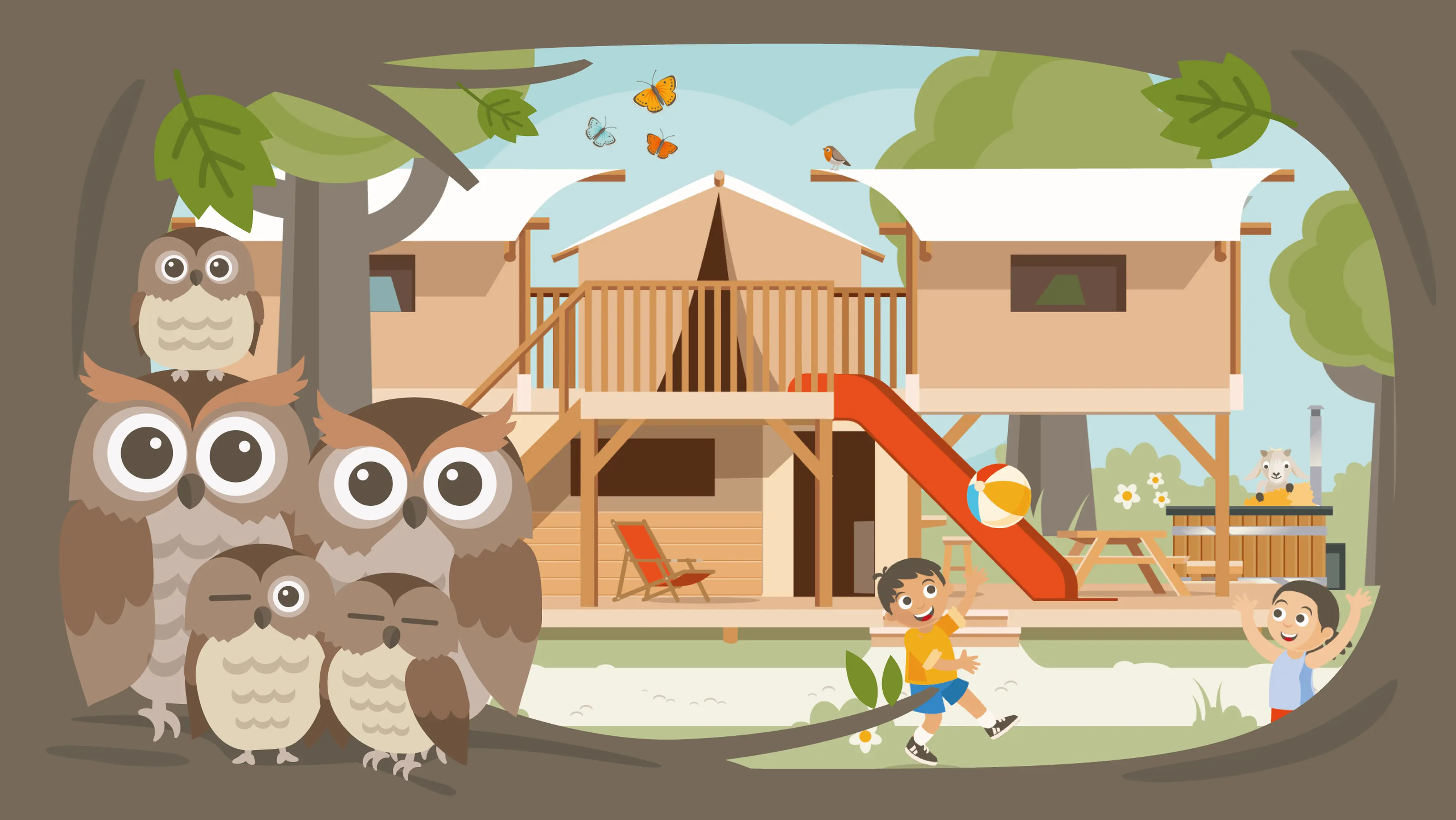 Een illustratie van de nieuwe Luxe Boomtent Het Uilennest met Hottub en glijbaan bij Vakantiepark Dierenbos.