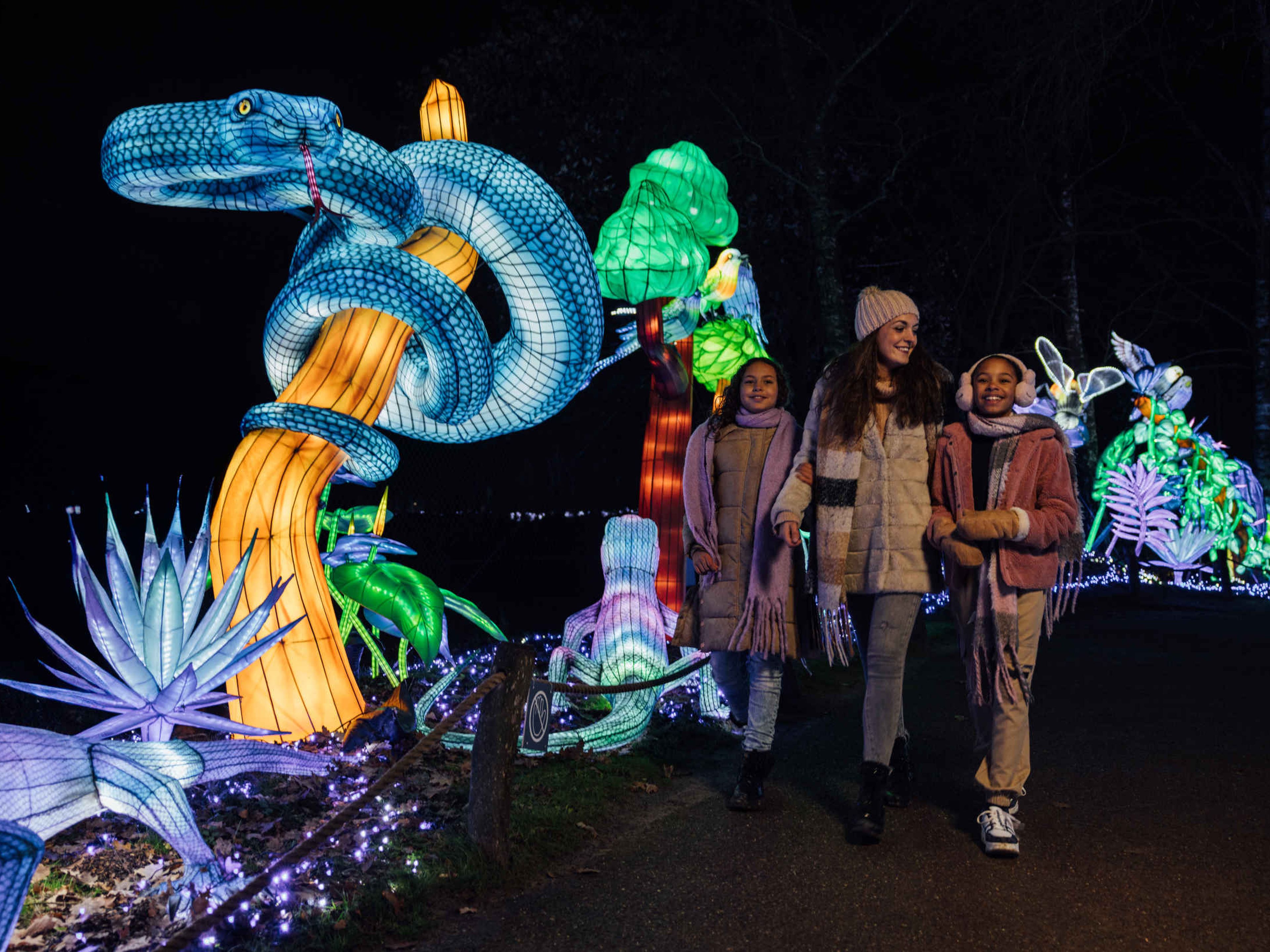 Familie bij de slang tijdens Light Safari Beekse Bergen