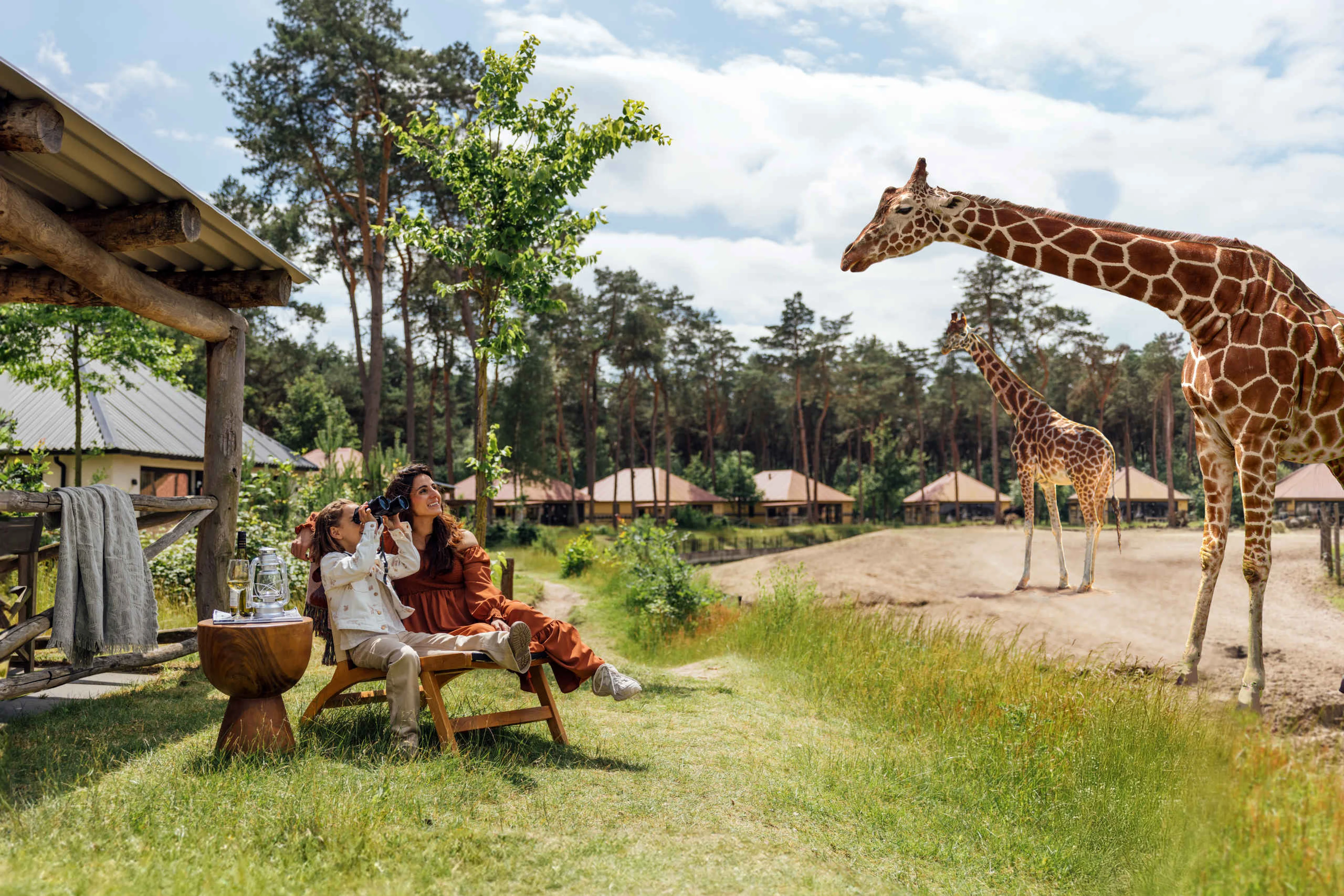 Gezin in de zomer in een Savanne Lodge bij de giraffen op Safari Resort Beekse Bergen