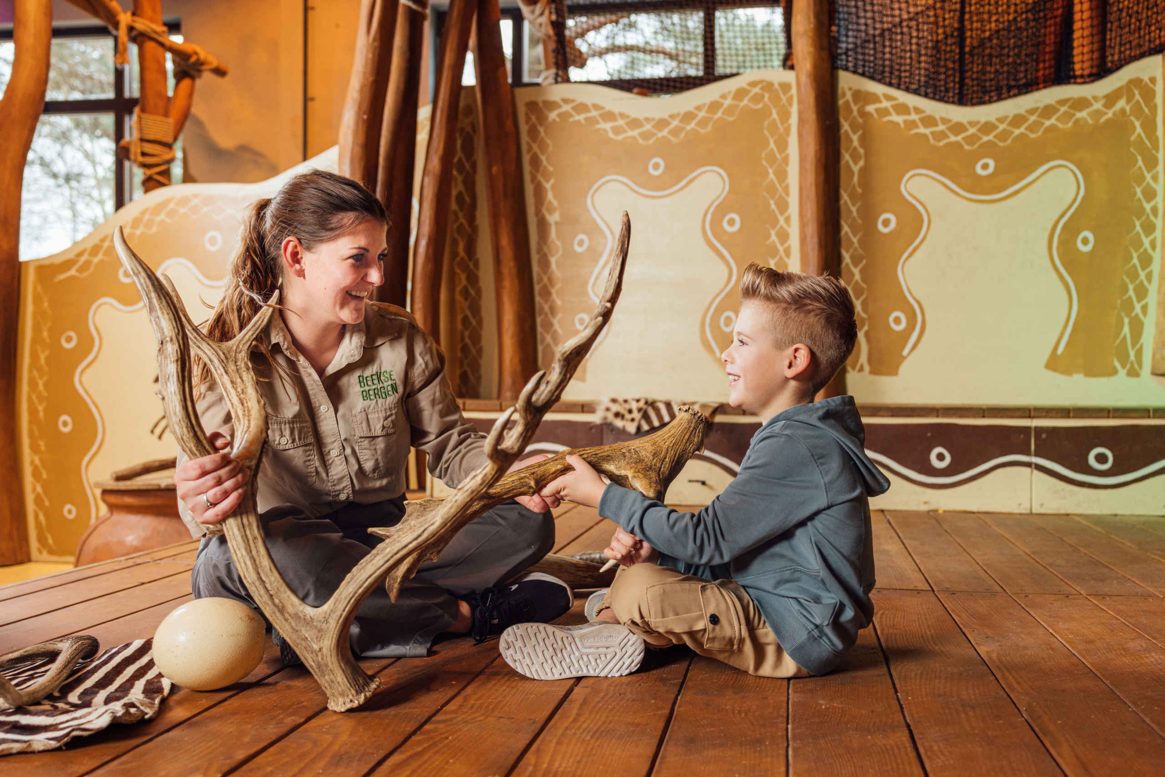 Een animatiemedewerker laat een jongen een gewei zien op Safari Resort Beekse Bergen.
