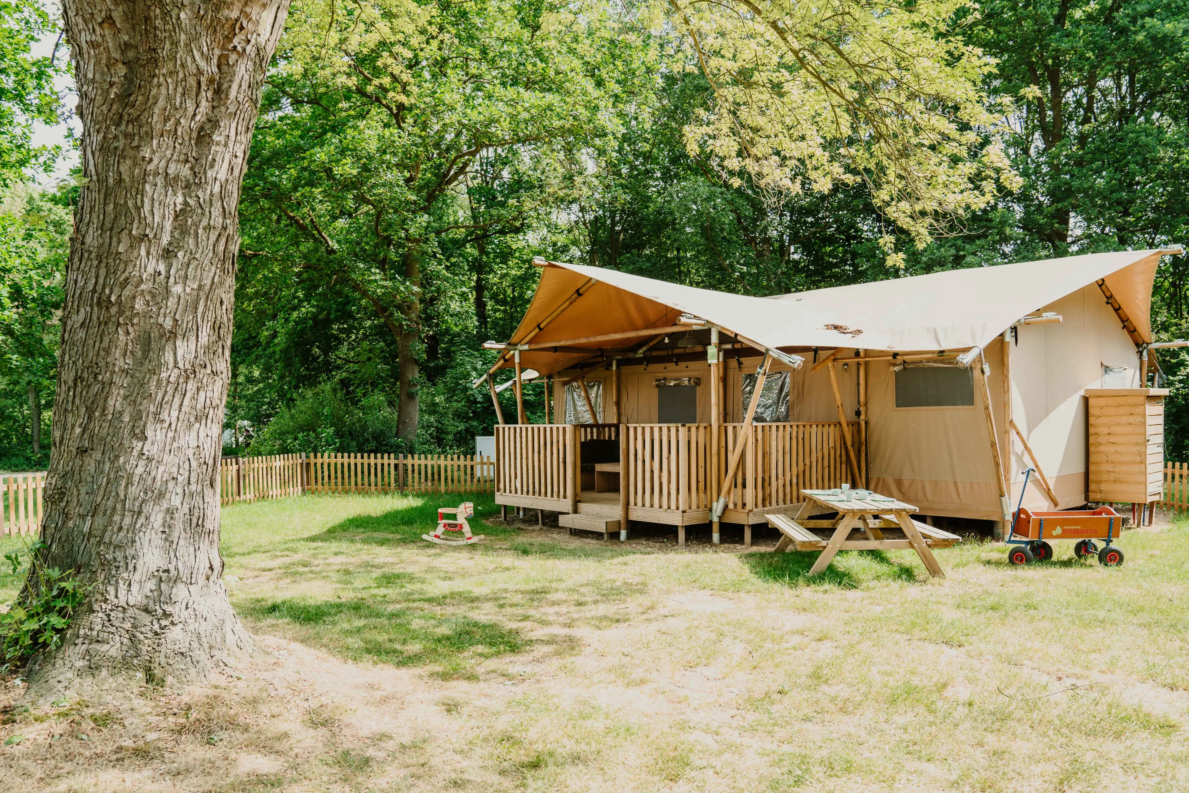 Glamping in Luxe Kids Lodgetent Pauw op Vakantiepark Dierenbos