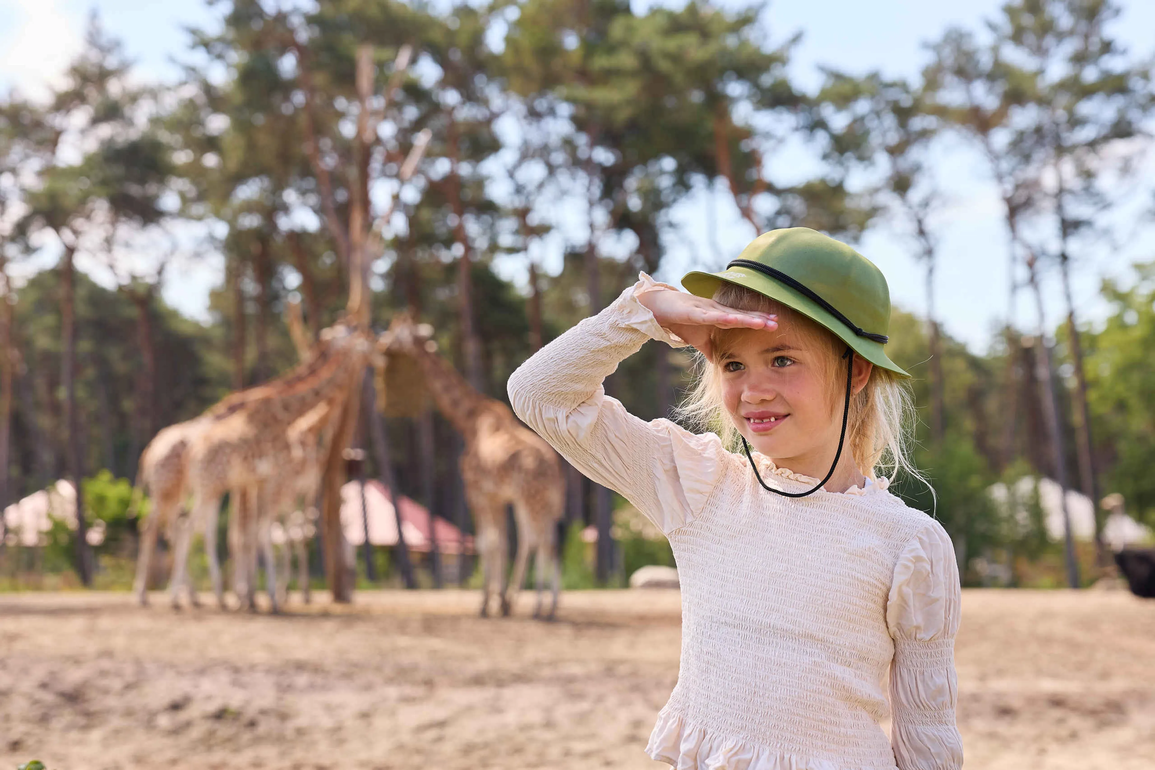 Kind met rangerhoedje bij de giraffen op Safari Resort Beekse Bergen