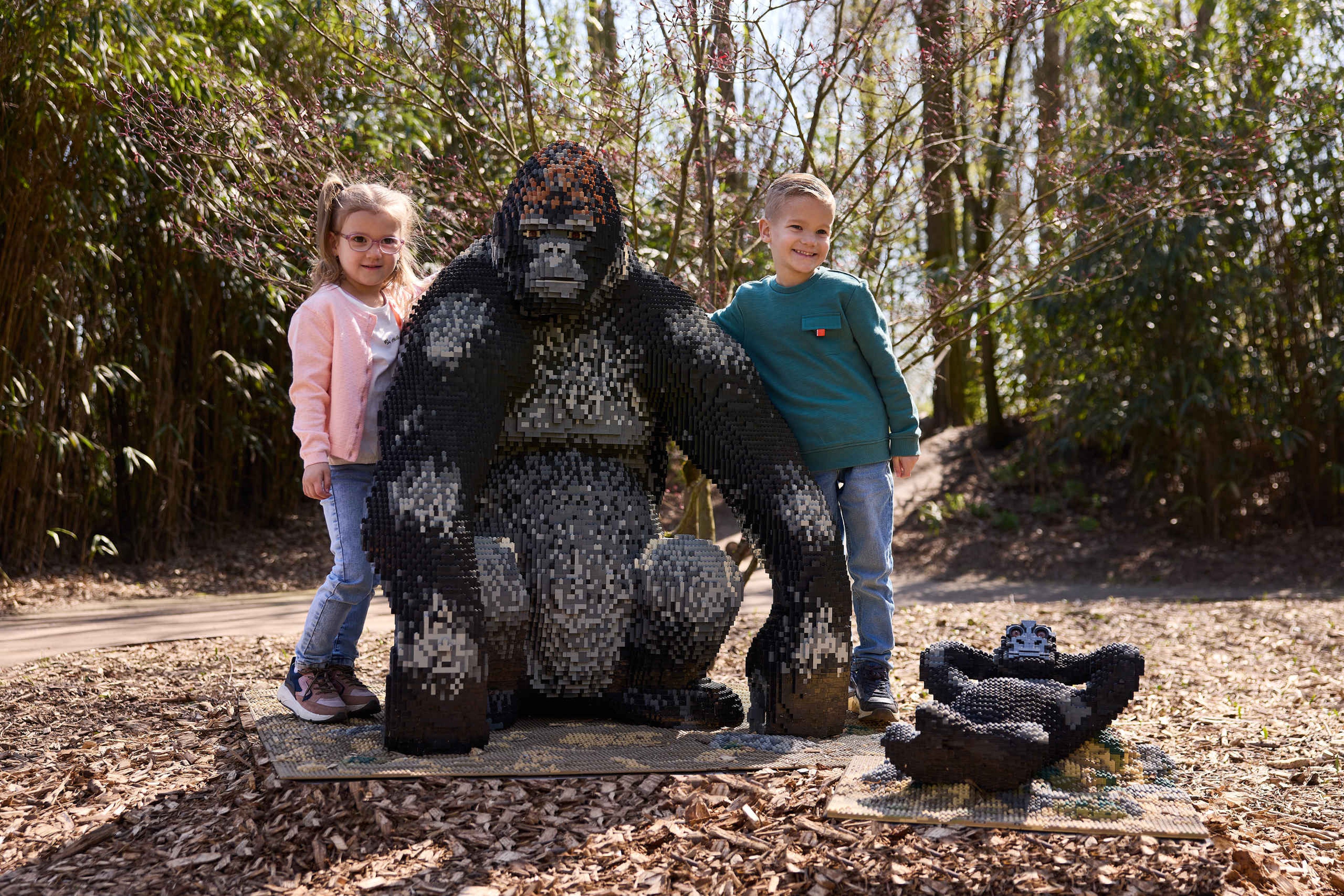 twee kinderen naast een westelijke laaglandgorilla tijdens Wild Bricks in ZooParc Overloon