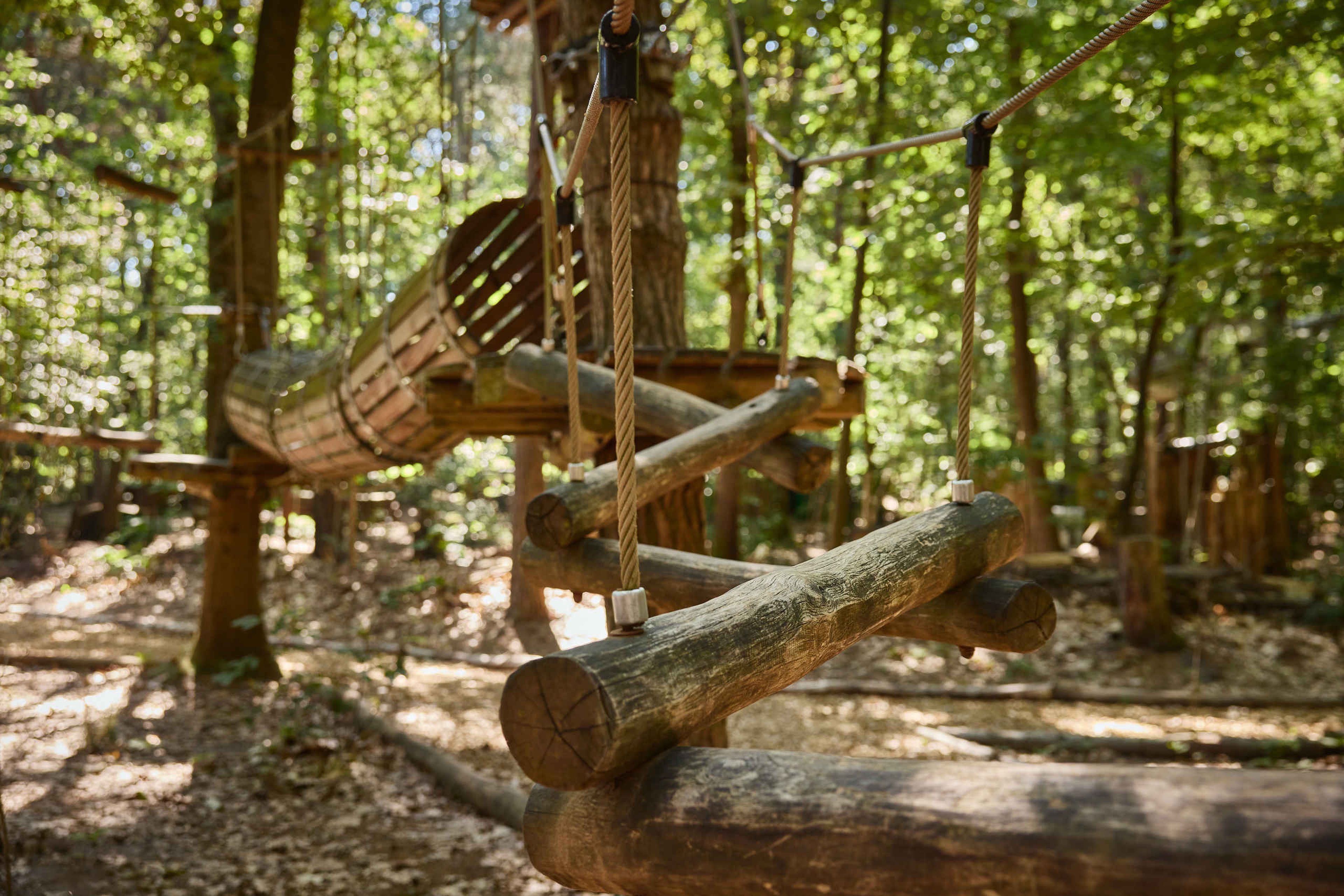 Een zig-zag balken brug op route 7 van het Pico Parcours bij Klimrijk Brabant