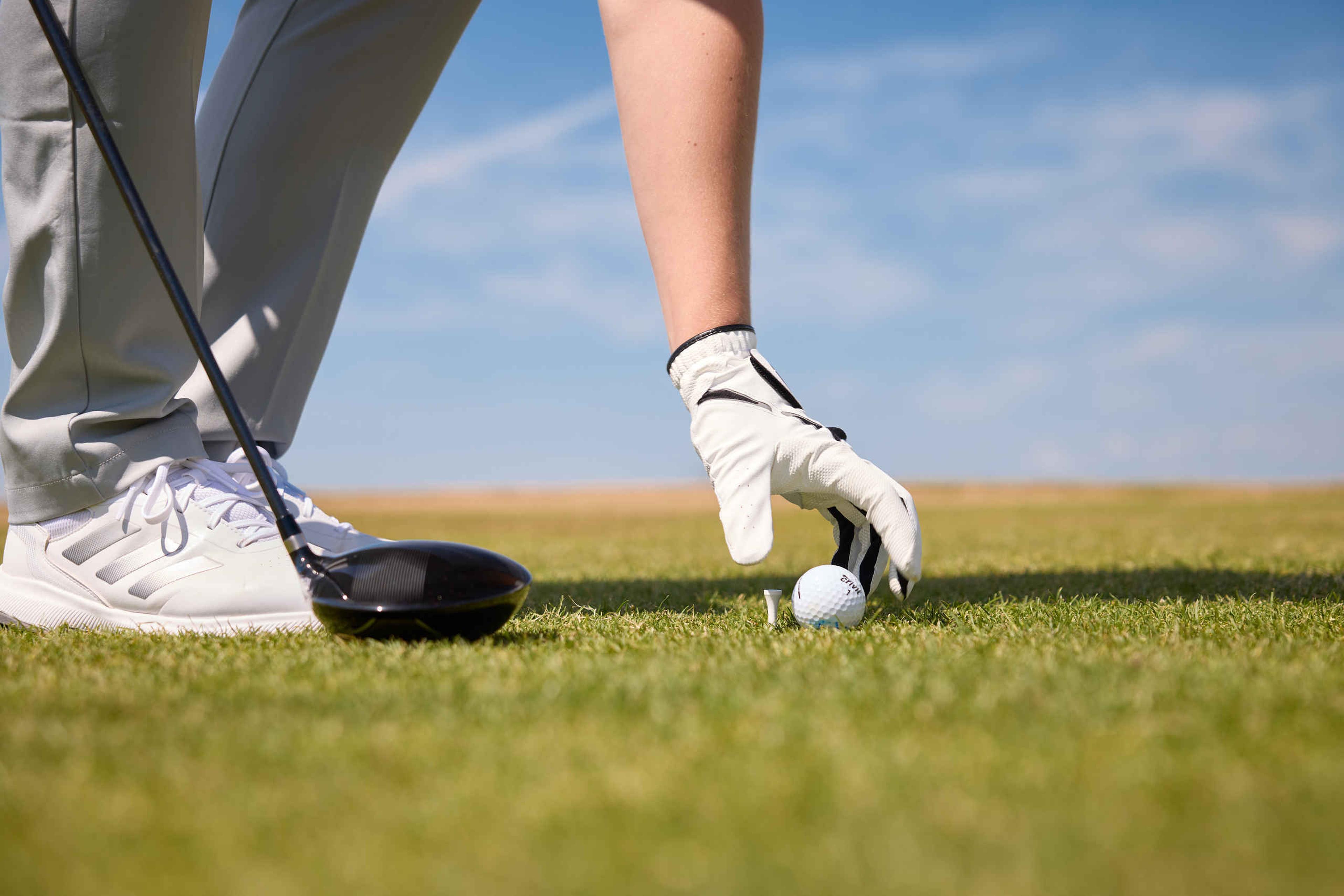 Een close up van een golfbal naast een tee met een driver bij Golf De Gulbergen