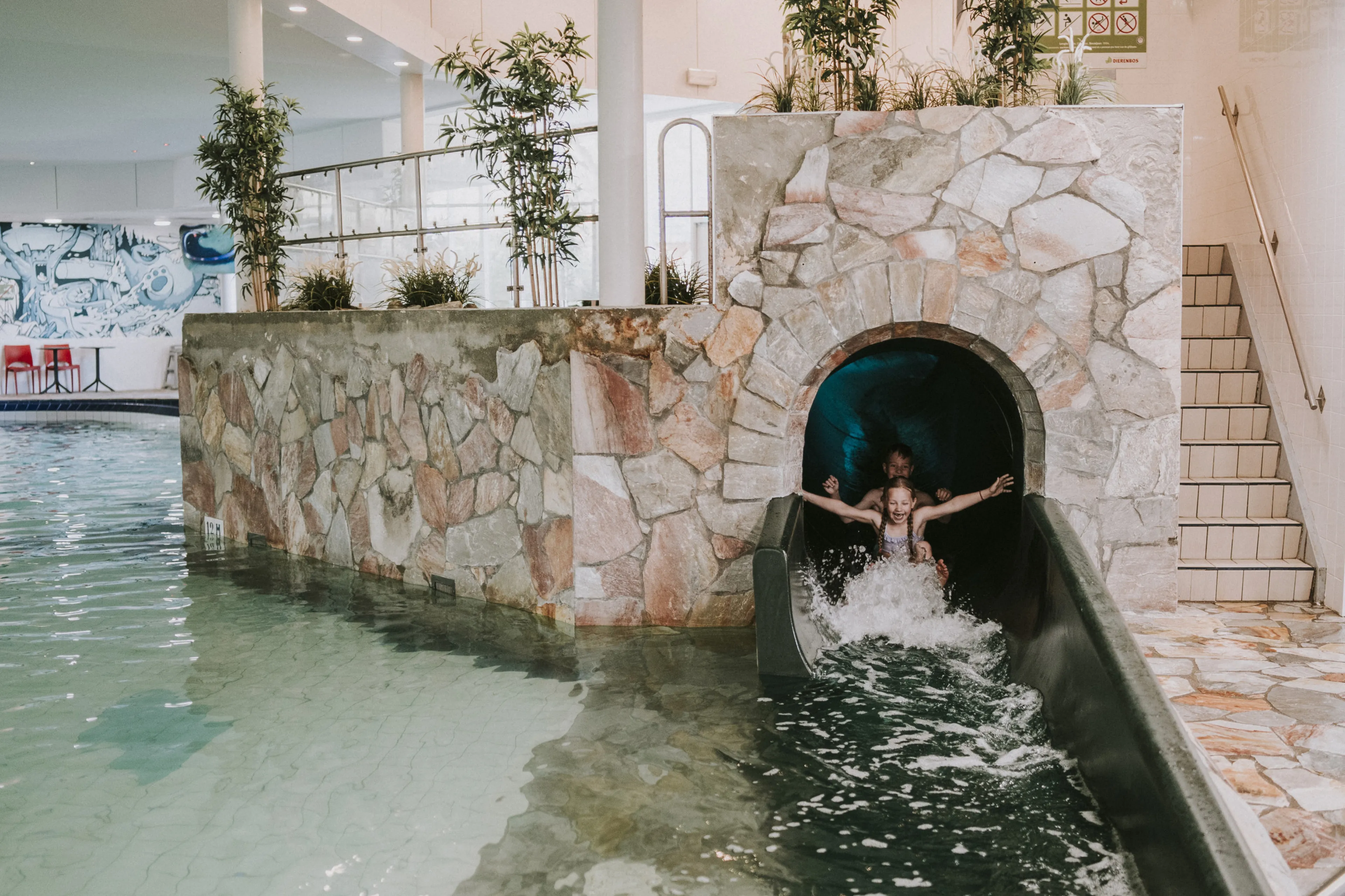Kinderen gaan samen van de glijbaan in het zwembad van Vakantiepark Dierenbos