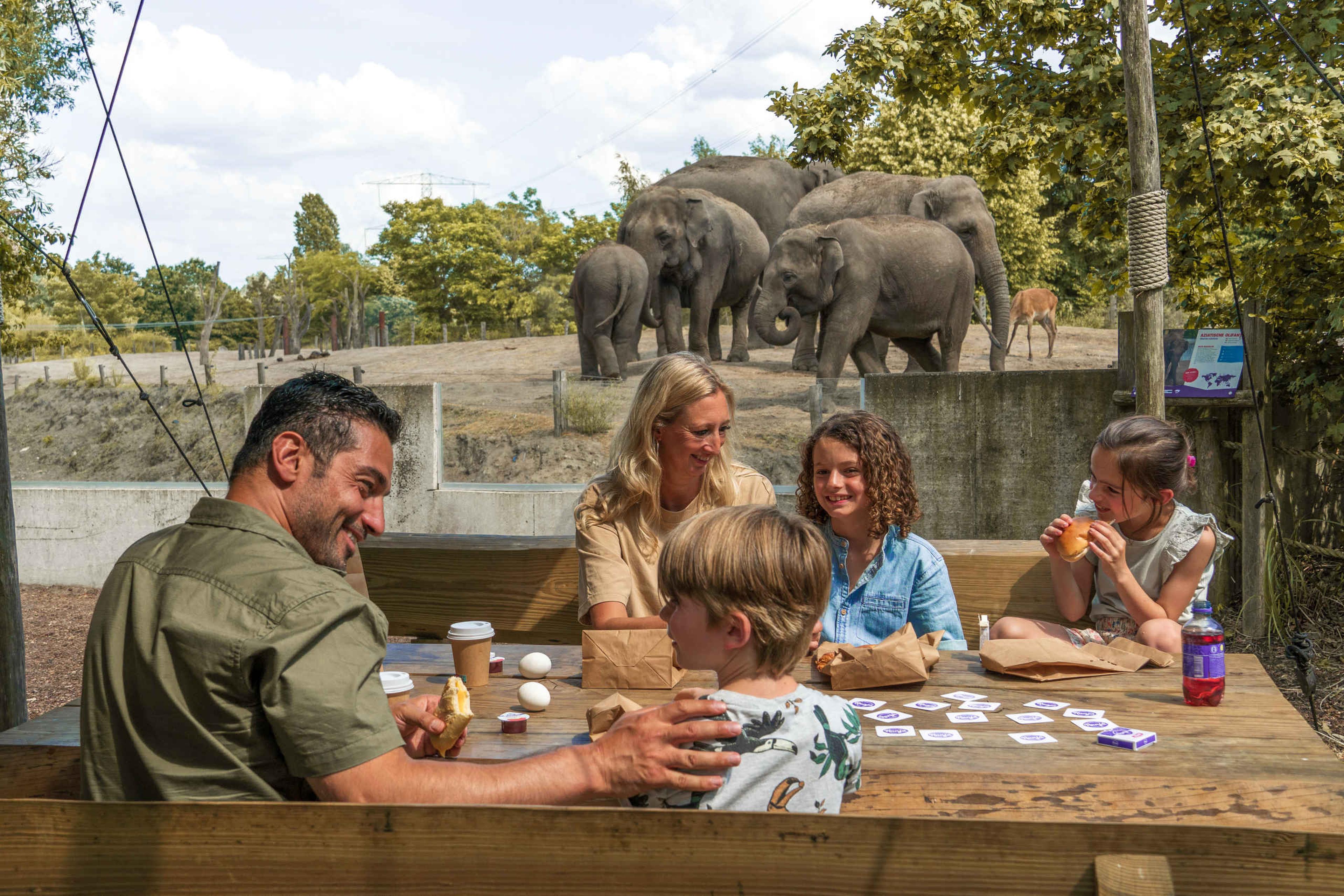 Gezin is aan het eten aan de picknicktafel bij het olifantenverblijf in Eindhoven Zoo