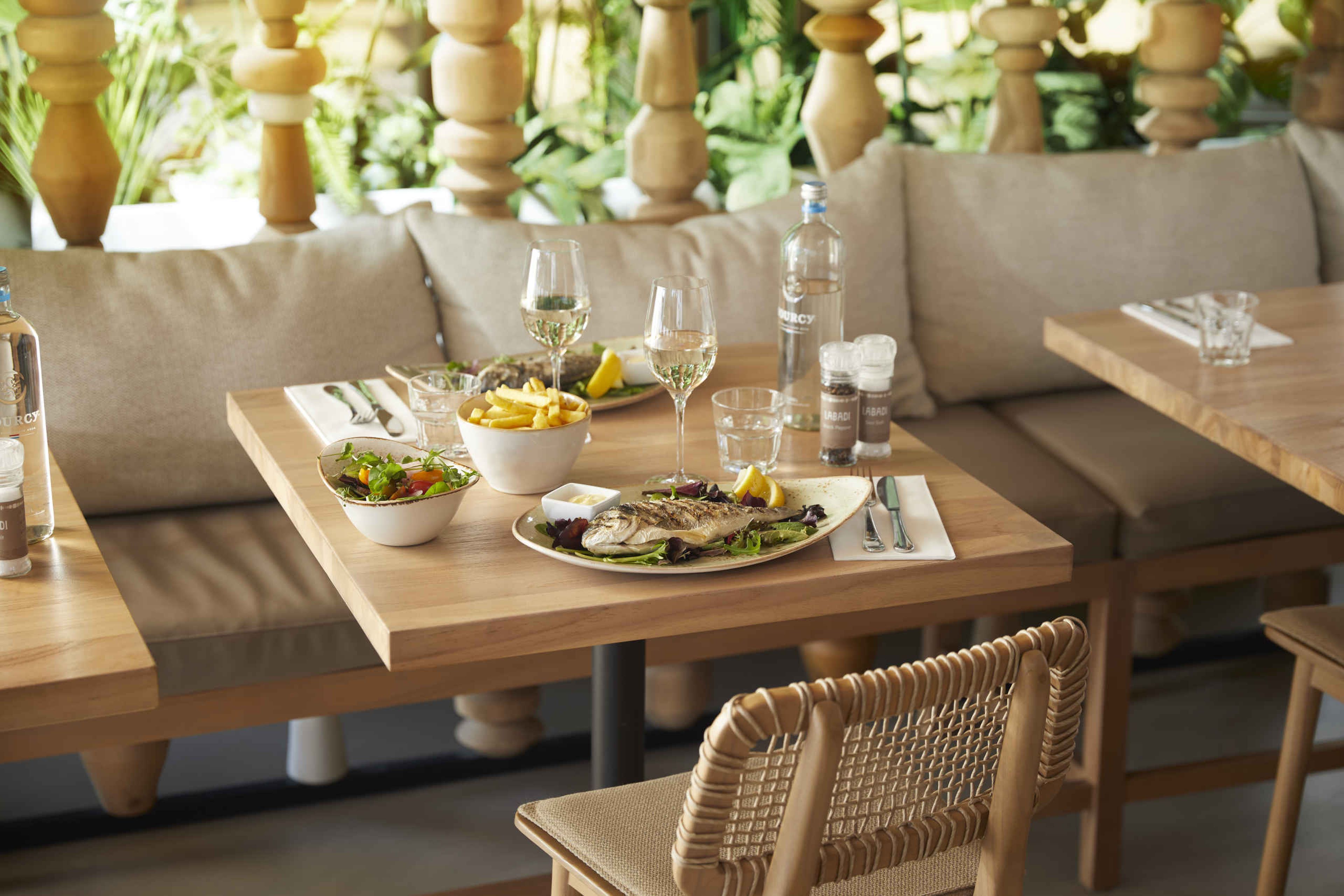 Twee hoofdgerechten van vis met frietjes en een frisse salade bij restaurant Labadi op Lake Resort Beekse Bergen.