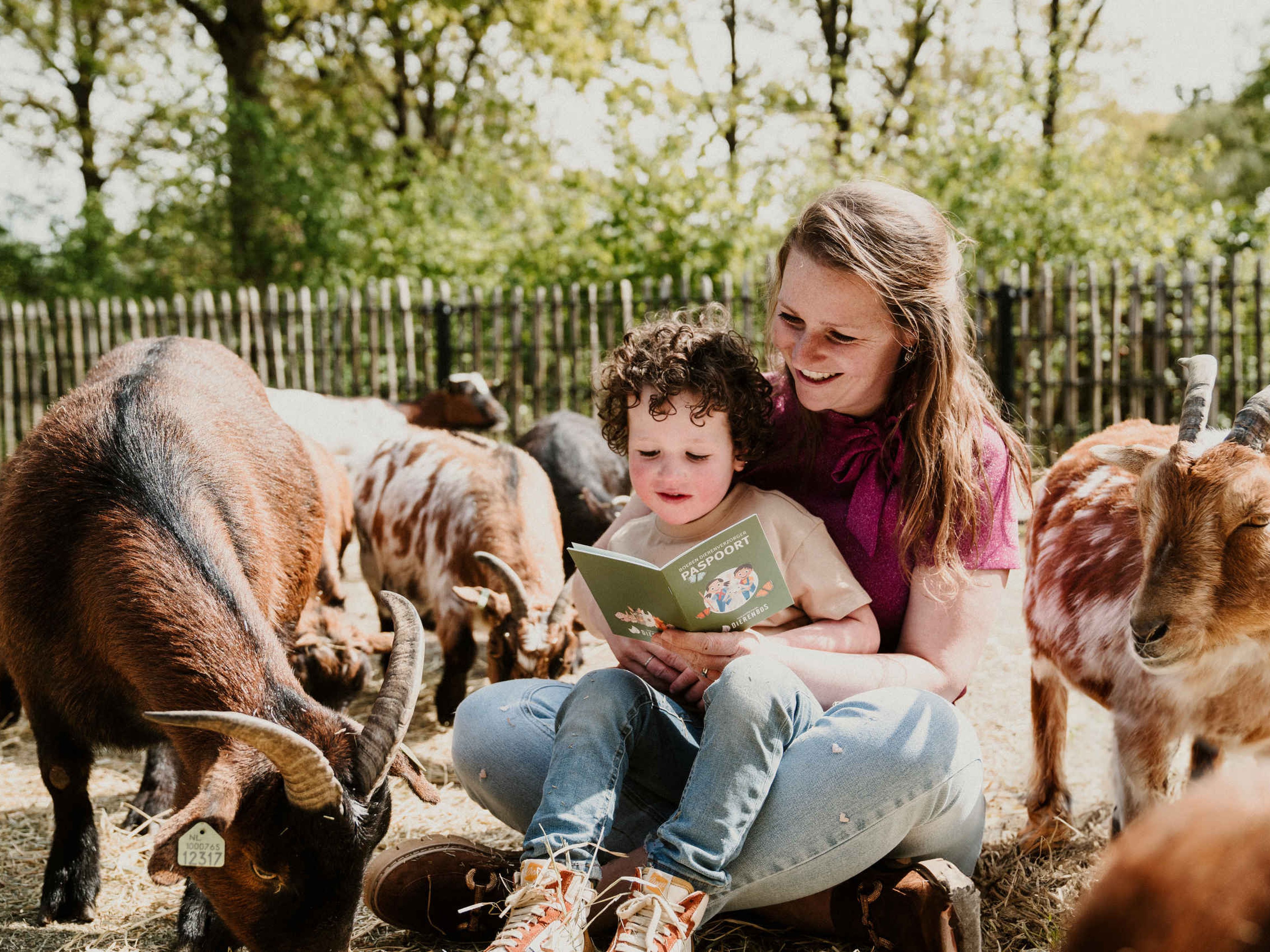 Moeder leest kind voor tussen de geitjes